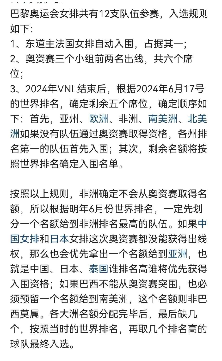 担心中国女排能否参加巴黎奥运会的球迷可以放心了。由于日本女排输给巴西队，亚洲四队