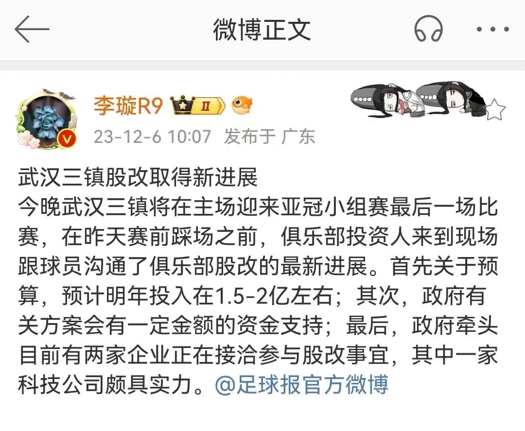 武汉三镇股改取得新进展，暂时不用解散，队中有球员涉嫌赌球被抓走，预计明年投入在1