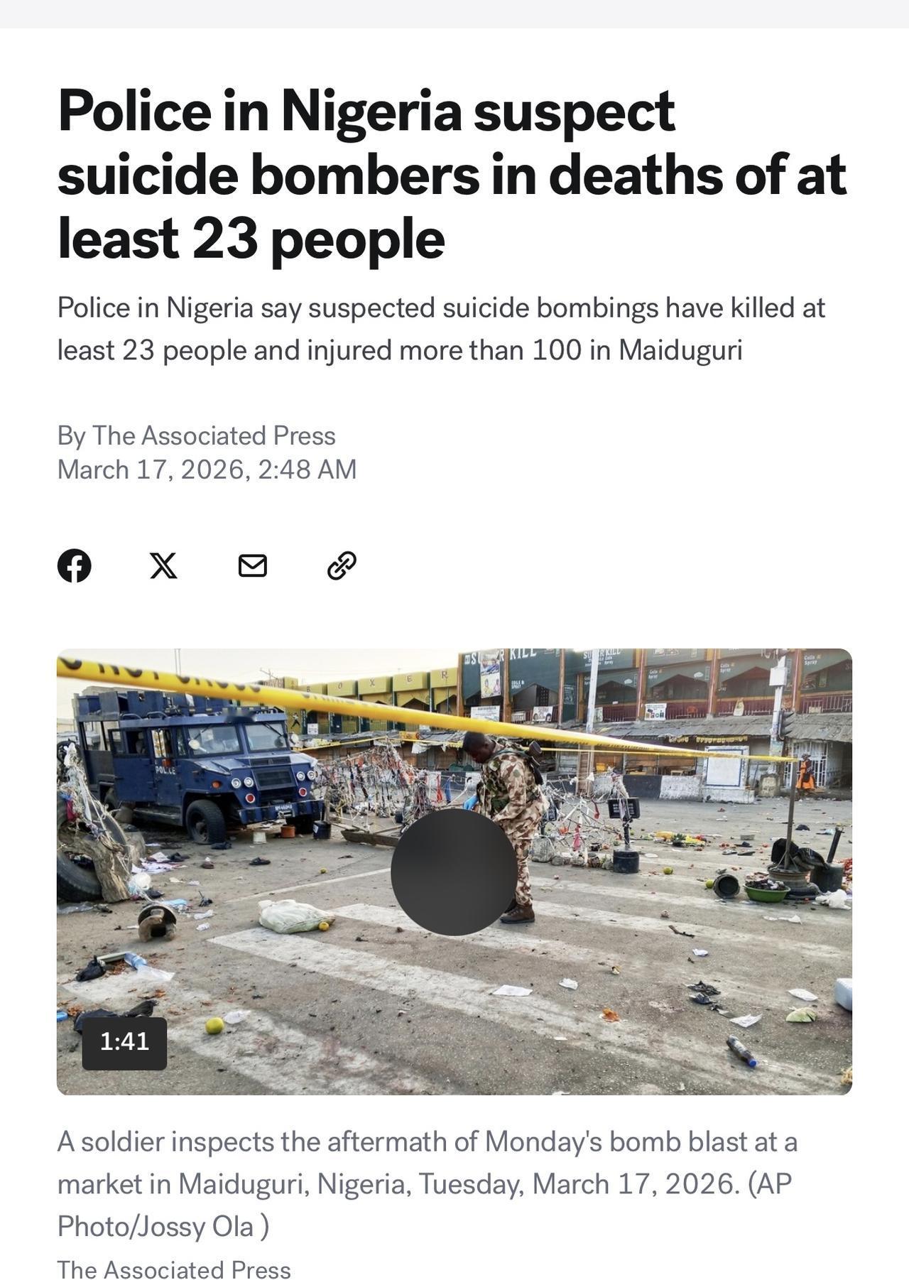 当地警方称，周一晚间，尼日利亚迈杜古里市发生疑似自杀式炸弹袭击，造成至少 23 