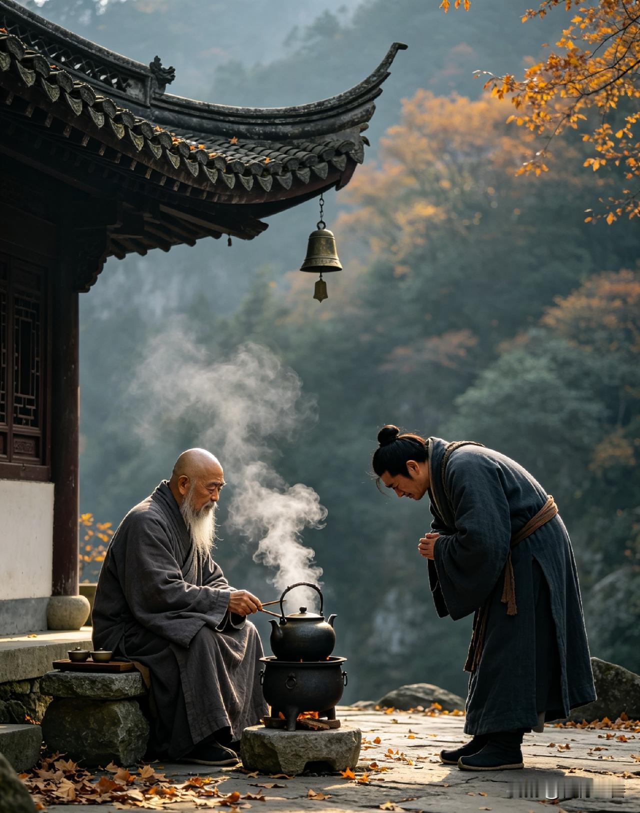 暮秋深山，有一古寺，寺中住着一位老僧，终日扫院煮茶，不问山外事。
 
一日，山下