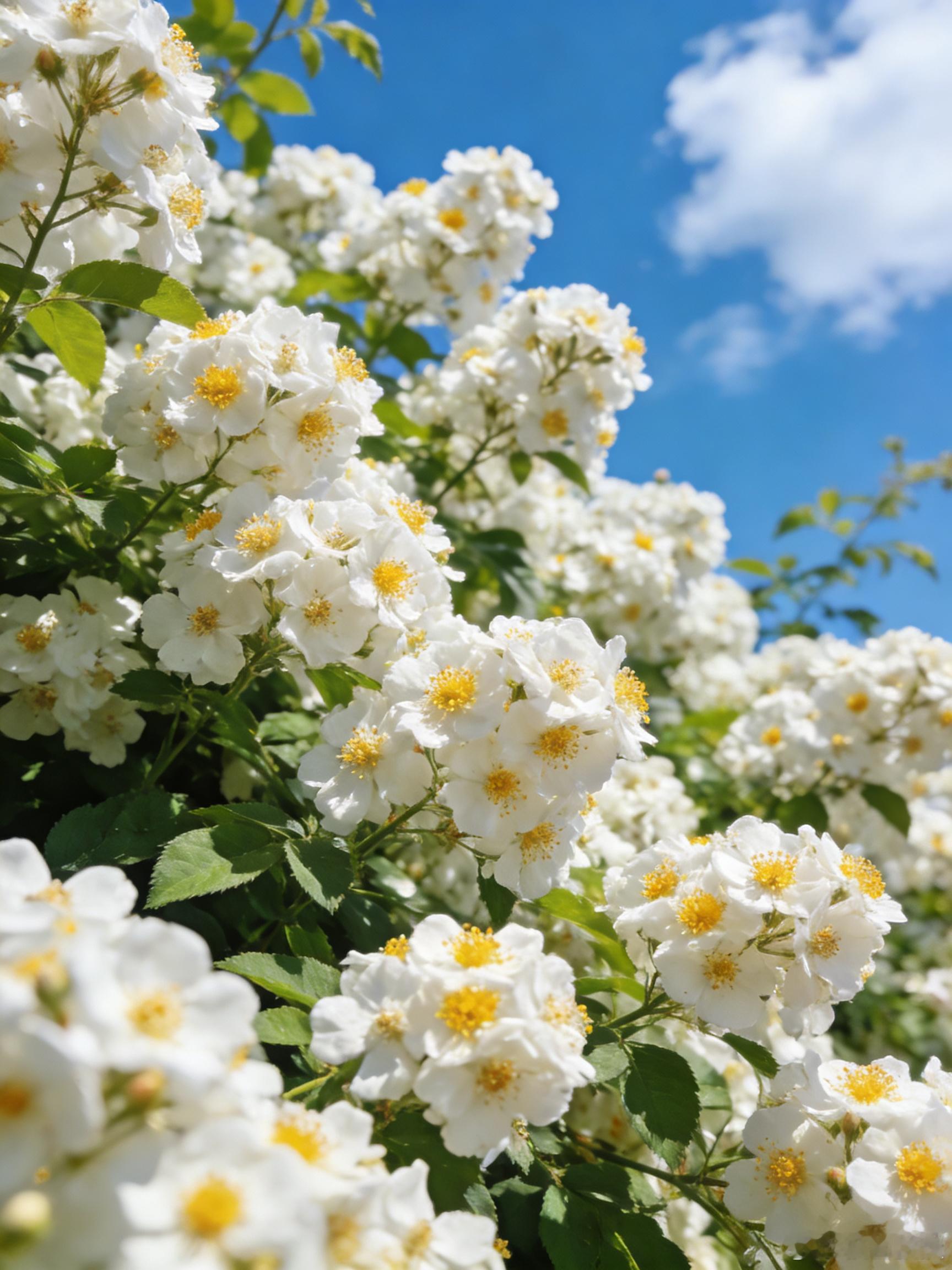 今日份的治愈系风景来啦🌸！蓝天白云下，满树盛开的白花，花瓣洁白如雪，花蕊金黄灿