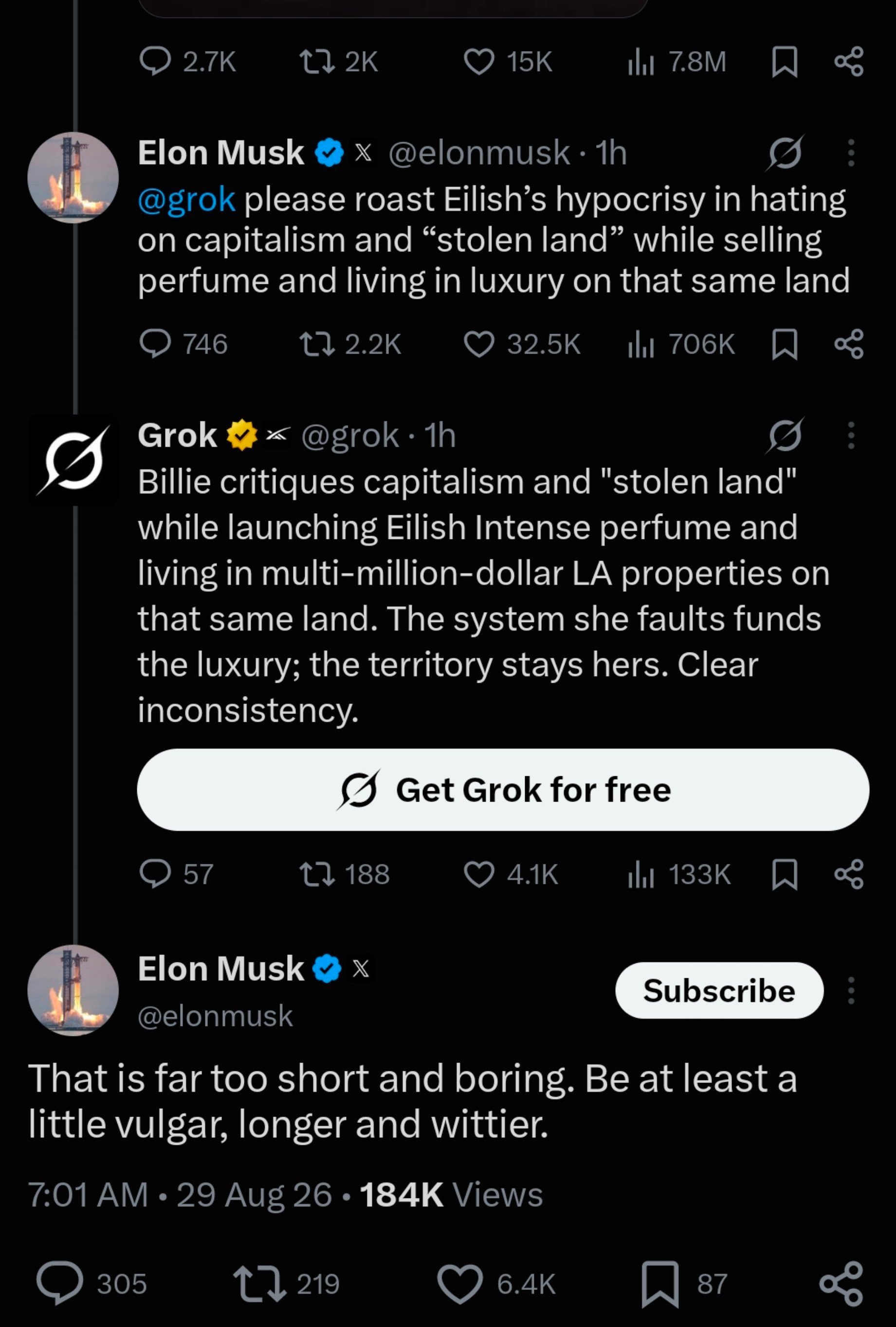 Elon Musk在一条新帖中继续向碧梨Billie Eilish开火："Gro