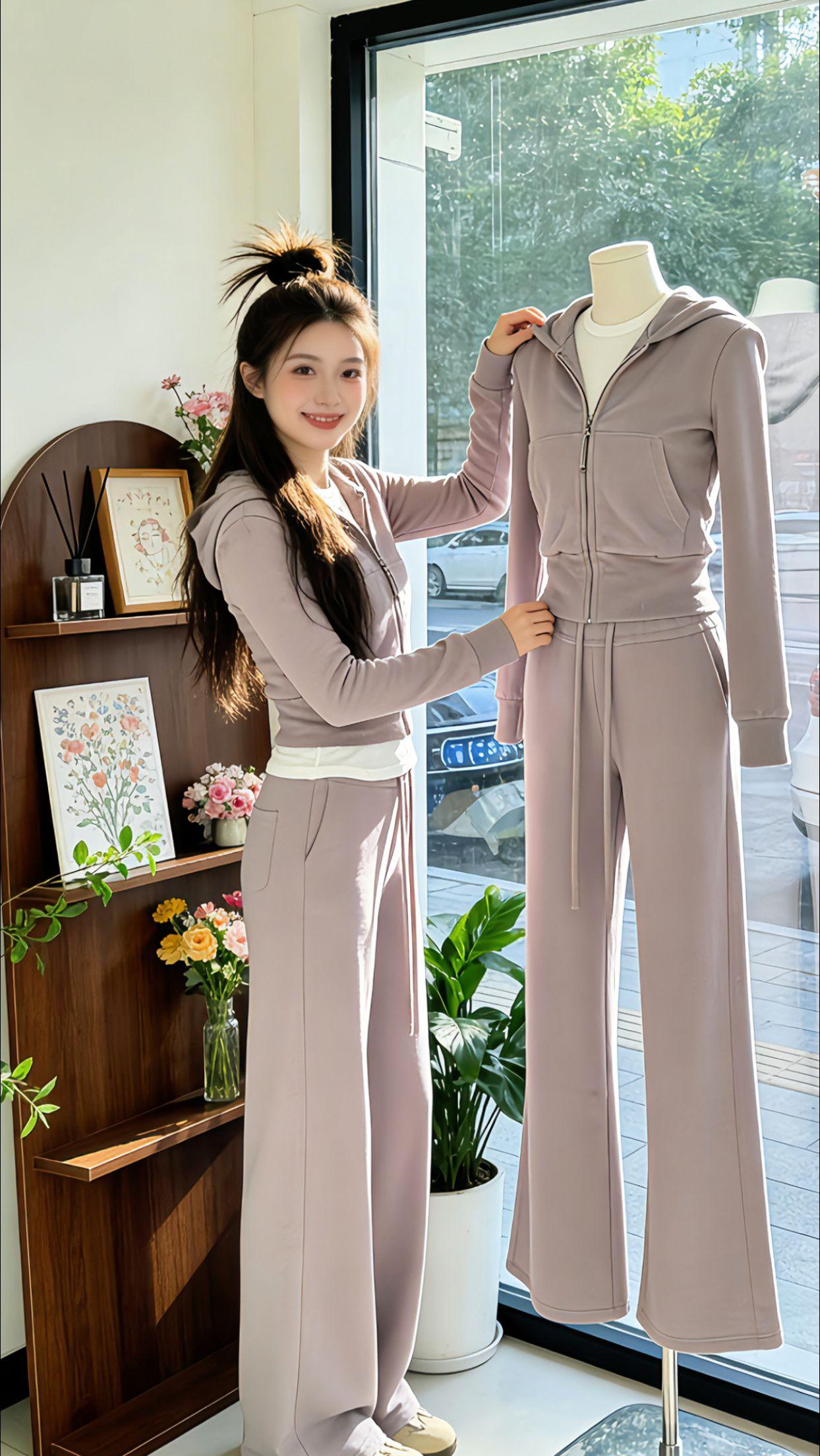 周末出门被问爆的一套！Danny上身韩系磨毛套装，连帽卫衣修身显瘦，搭配垂感休闲