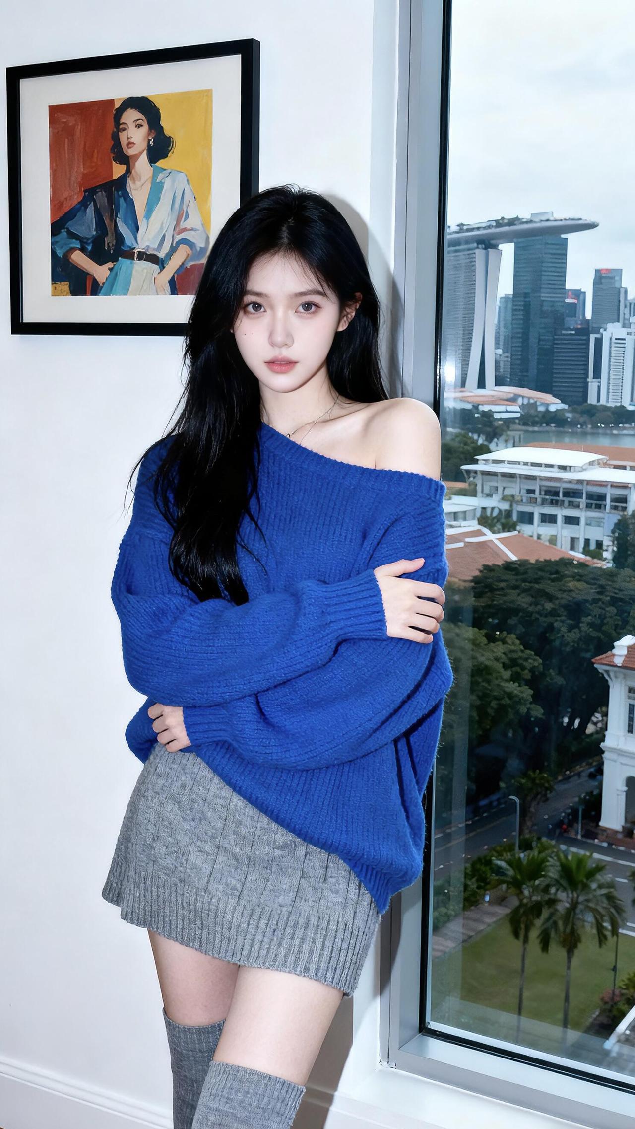 侧光揉碎在克莱因蓝的针织纹理里，她倚着窗沿，发梢漫过肩头的留白，像把初冬的慵懒织