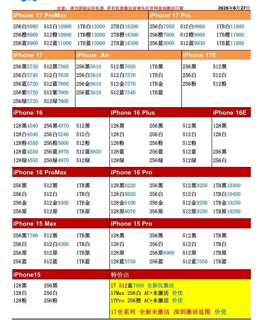 26年6月27日国行苹果手机系列价格更新，今天的17系列又是大多数型号小涨，多数