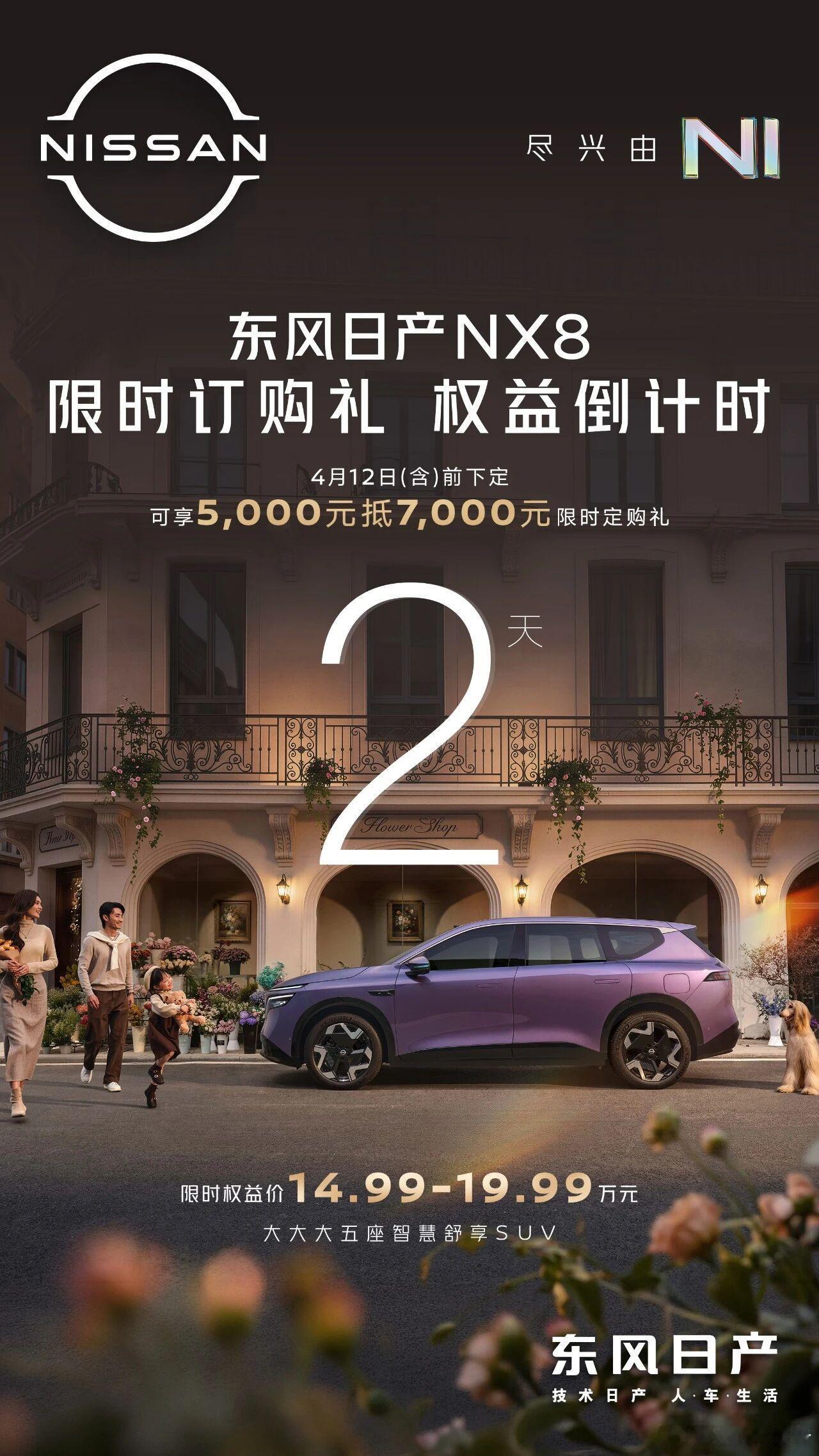 东风日产nx8限时订购礼倒计时2天，下定享5000元抵7000元，限时权益价14