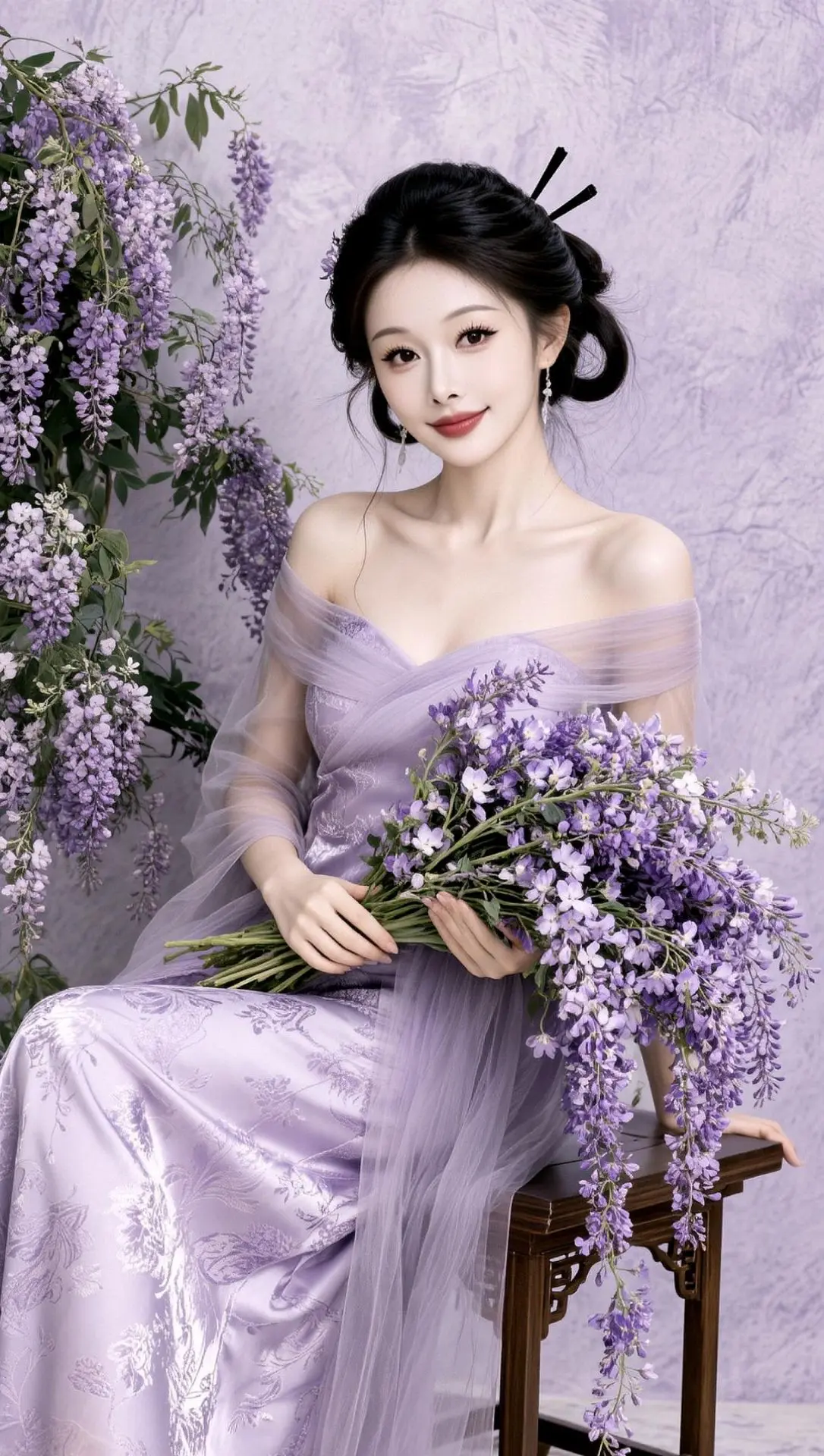 AI紫韵清冷写真 ai创作 ai古风美人写真模板 紫藤氛围感写真 梦幻紫裙写真