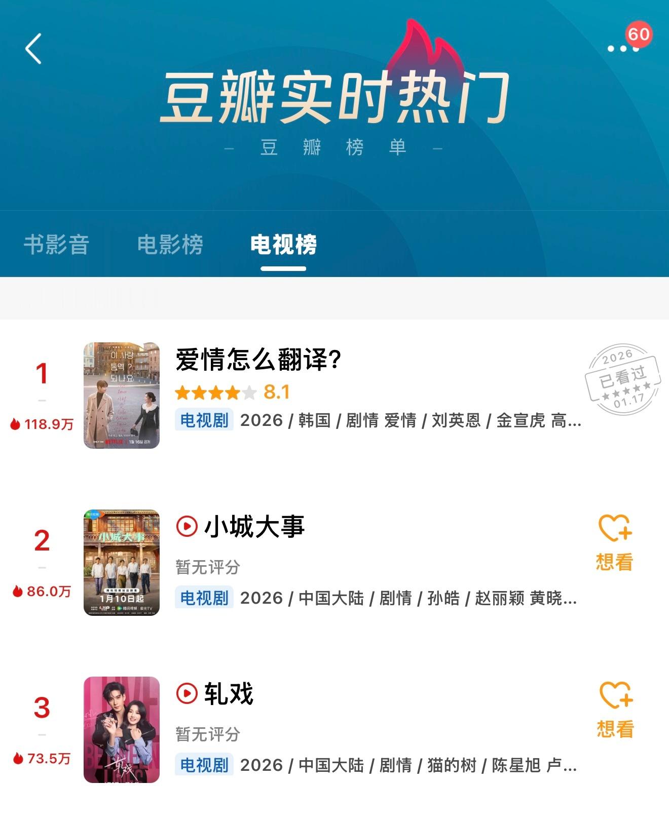 《爱情怎么翻译》好争气，db实时登顶了。二刷完毕，戒断不了