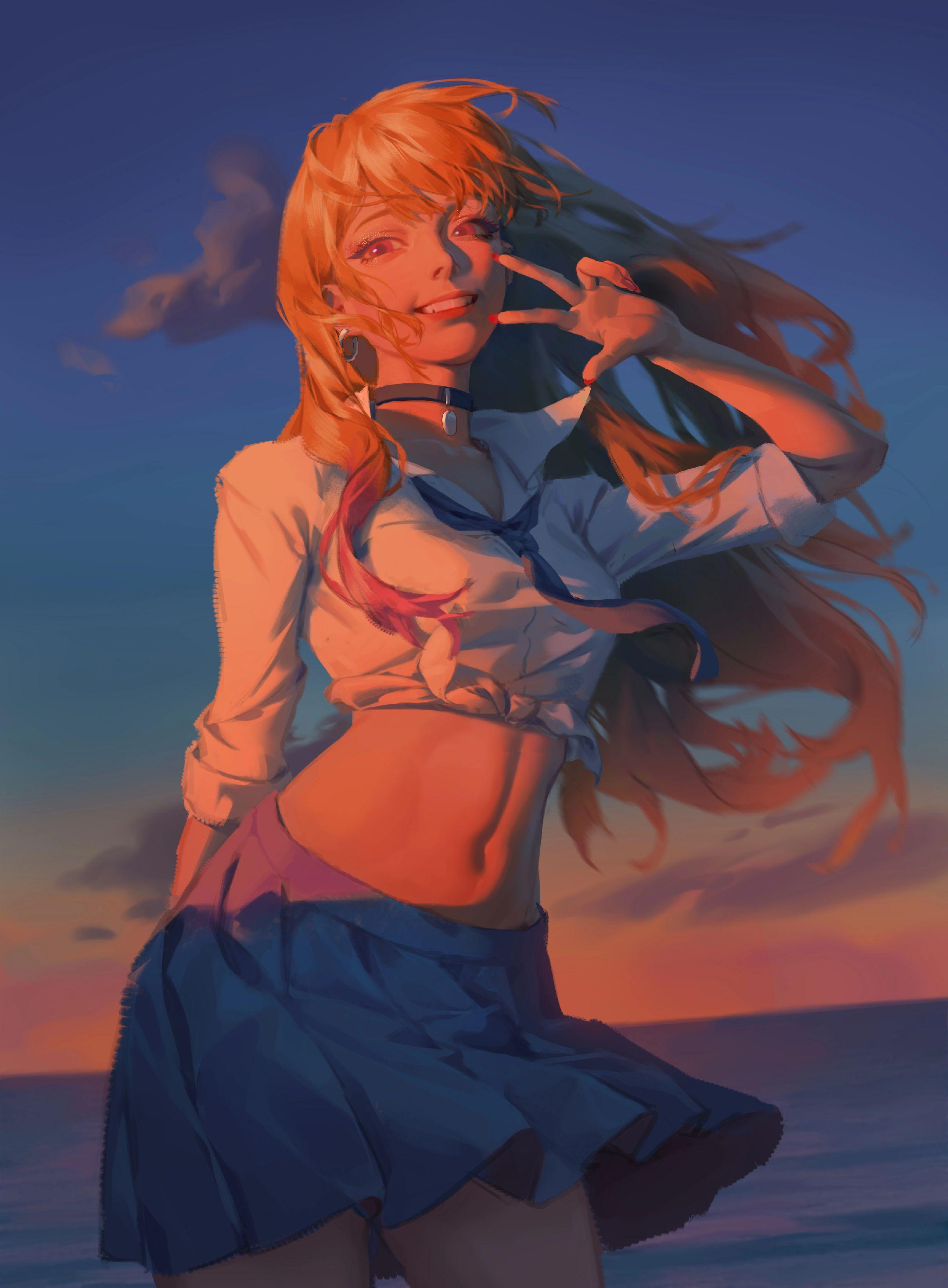 夕阳氛围感 过程图。1.固有色 2.正片叠底画天空环境光 3.线性减淡...