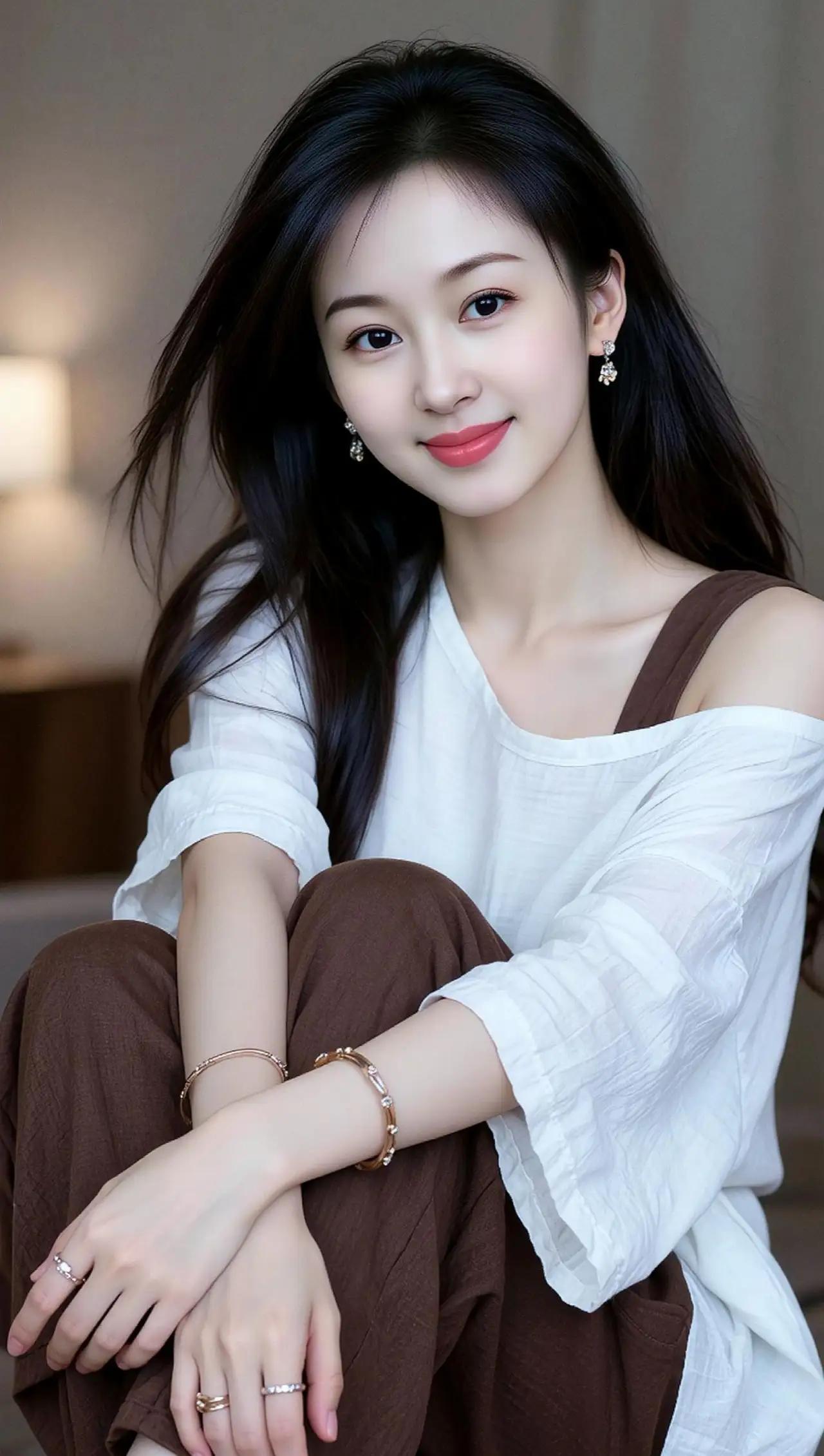 温柔甜美的少女，白色上衣搭配棕色裤子，简约优雅，散发自然魅力。🌟🌺🌴