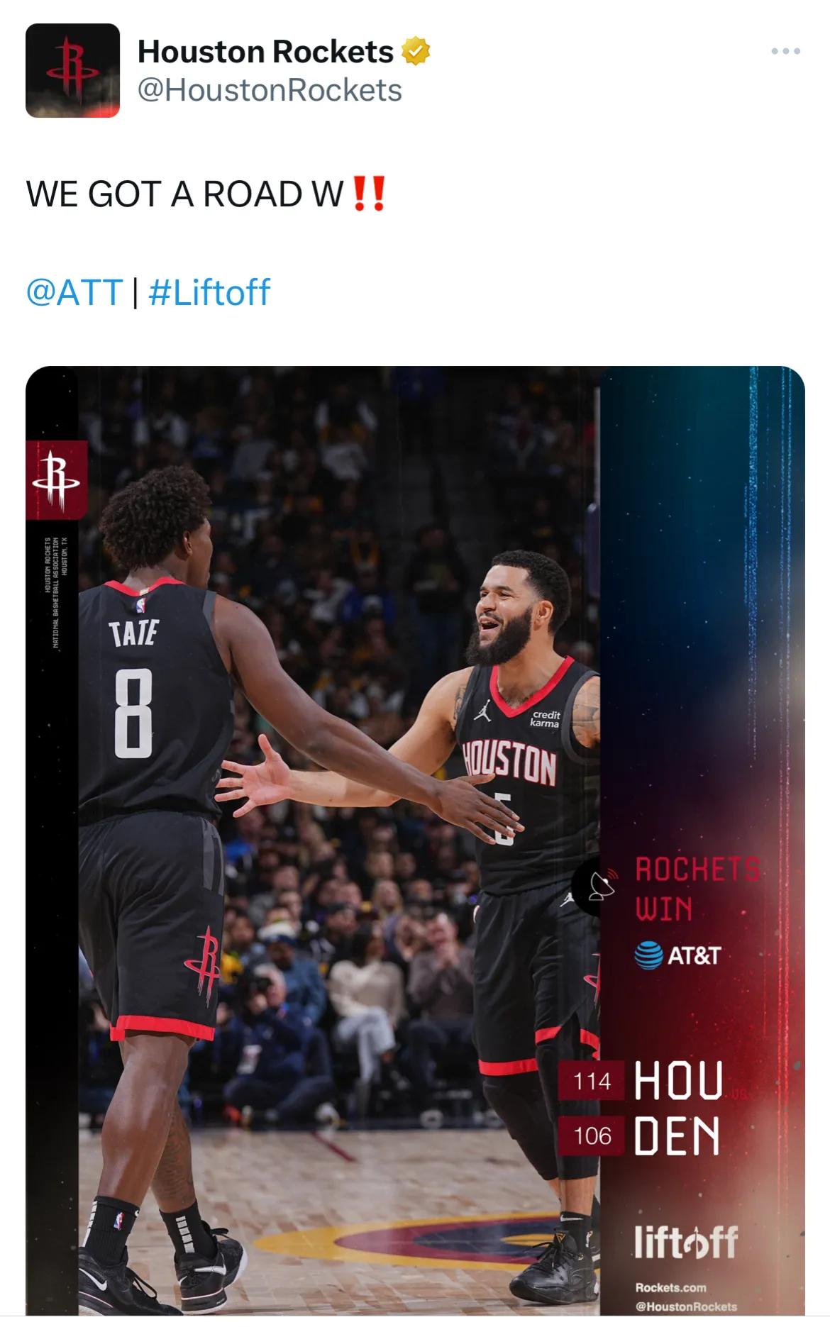 火箭官方：we got a road W！（我们客场胜利啦！）
不过说实话，火箭