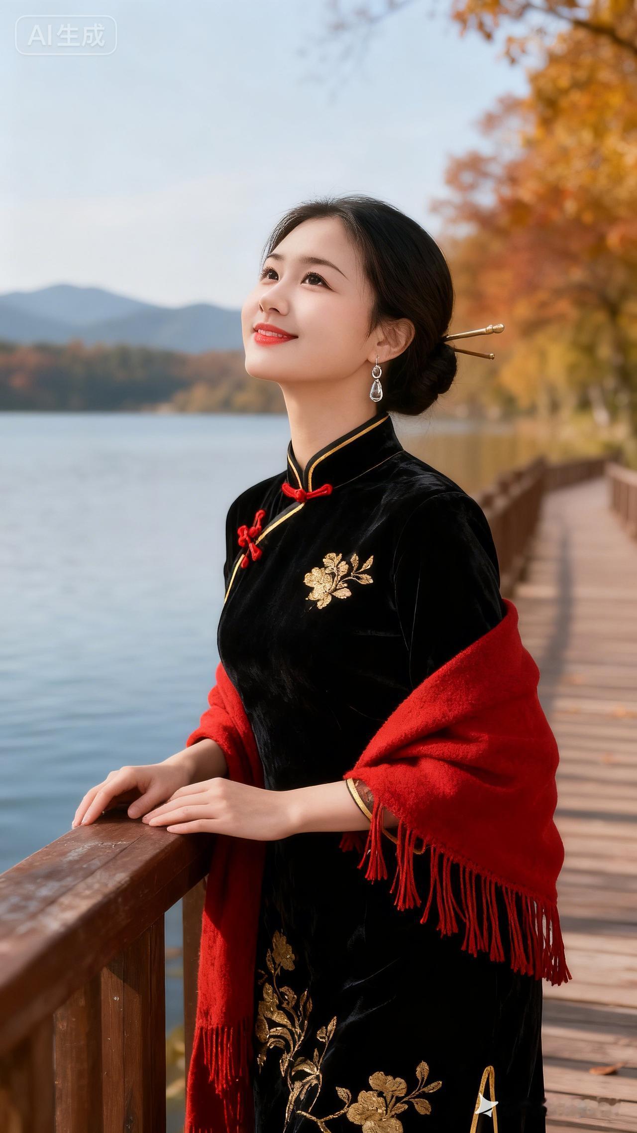 一位穿着旗袍的女士在湖边欣赏风景。