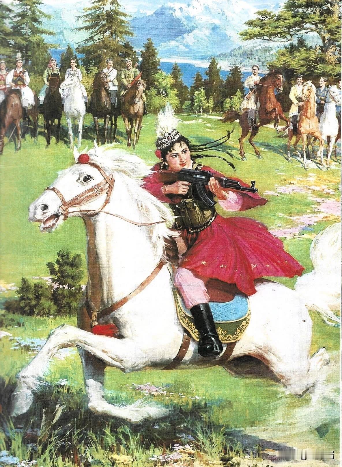 这是1978 年由中国上海人民美术出版社出版的一幅经典宣传年画，题为《边疆骑兵》