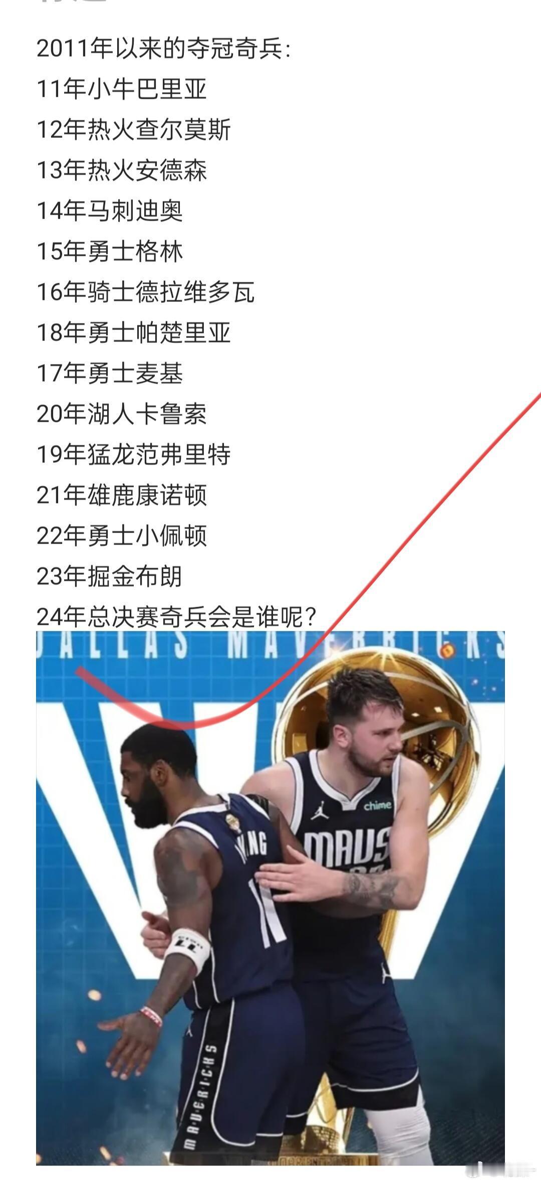 2011年以来的夺冠奇兵：11年小牛巴里亚12年热火查尔莫斯13年热火安德森14