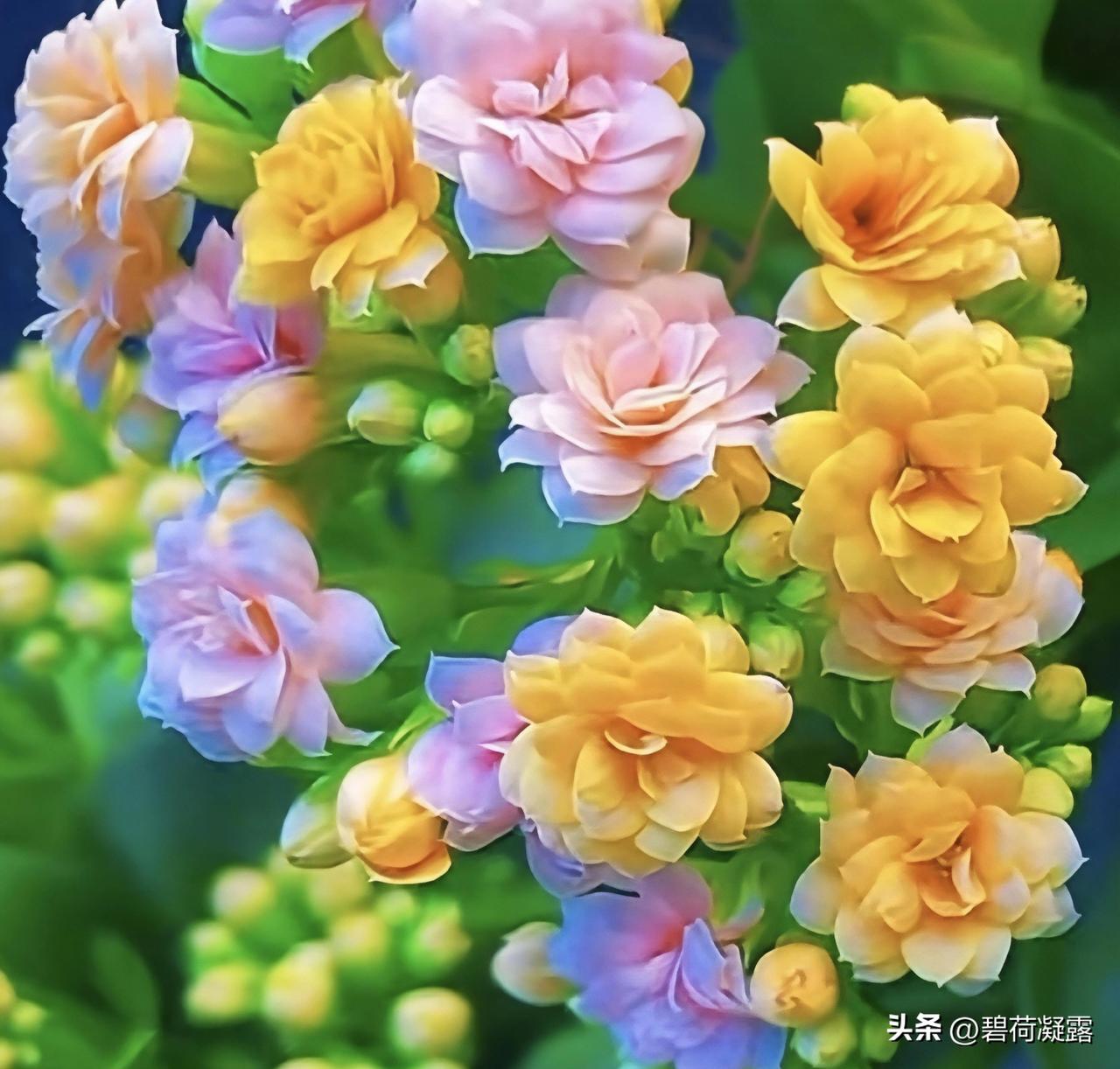 长寿花开展风采，
朵朵绽放好美观，
绿叶陪衬花朵艳，
寓意美好惹人爱，
春光之下