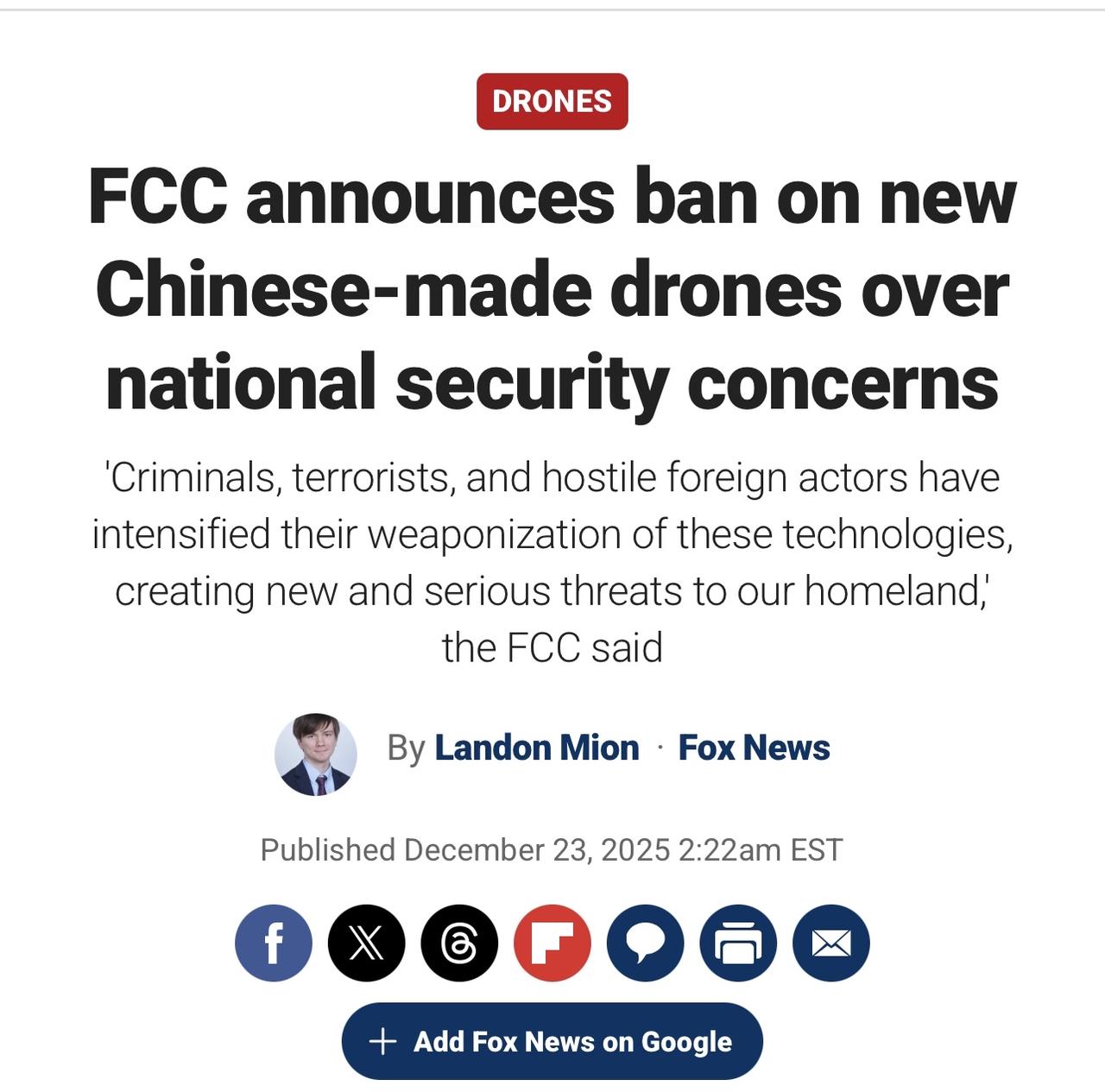 美国联邦通信委员会（FCC）宣布，出于国家安全考虑，禁止使用中国制造的新型无人机