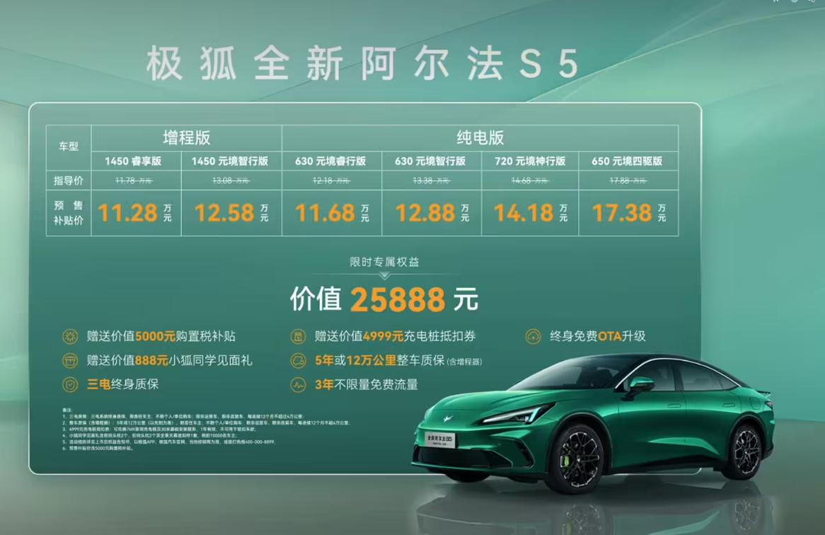 极狐全新阿尔法 S5 开启预售，补贴价 11.28 万元起