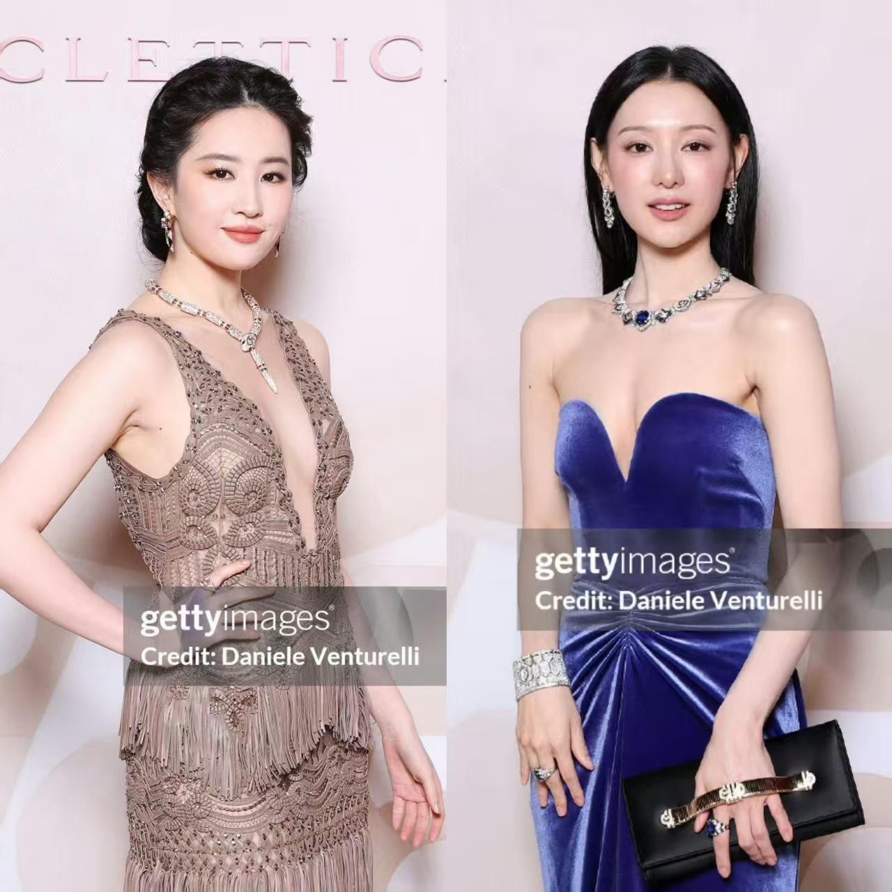 昨晚宝格丽米兰珠宝大秀。
左边是刘亦菲，右边是金智媛。
左边38岁身高170cm