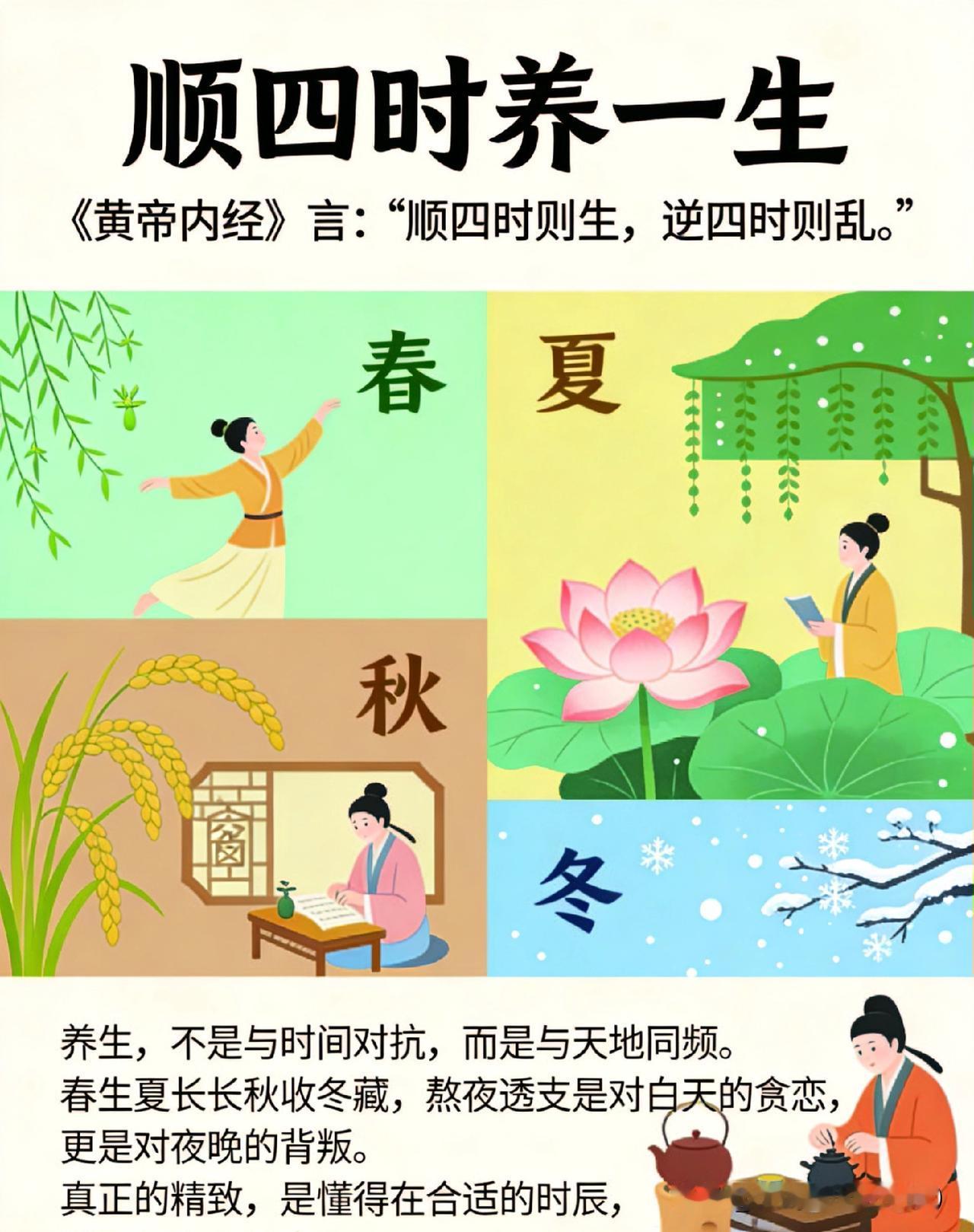 《黄帝内经》告诉我们：
养生，就是跟着日子走
 
老祖宗早就说过：顺四时则生，逆