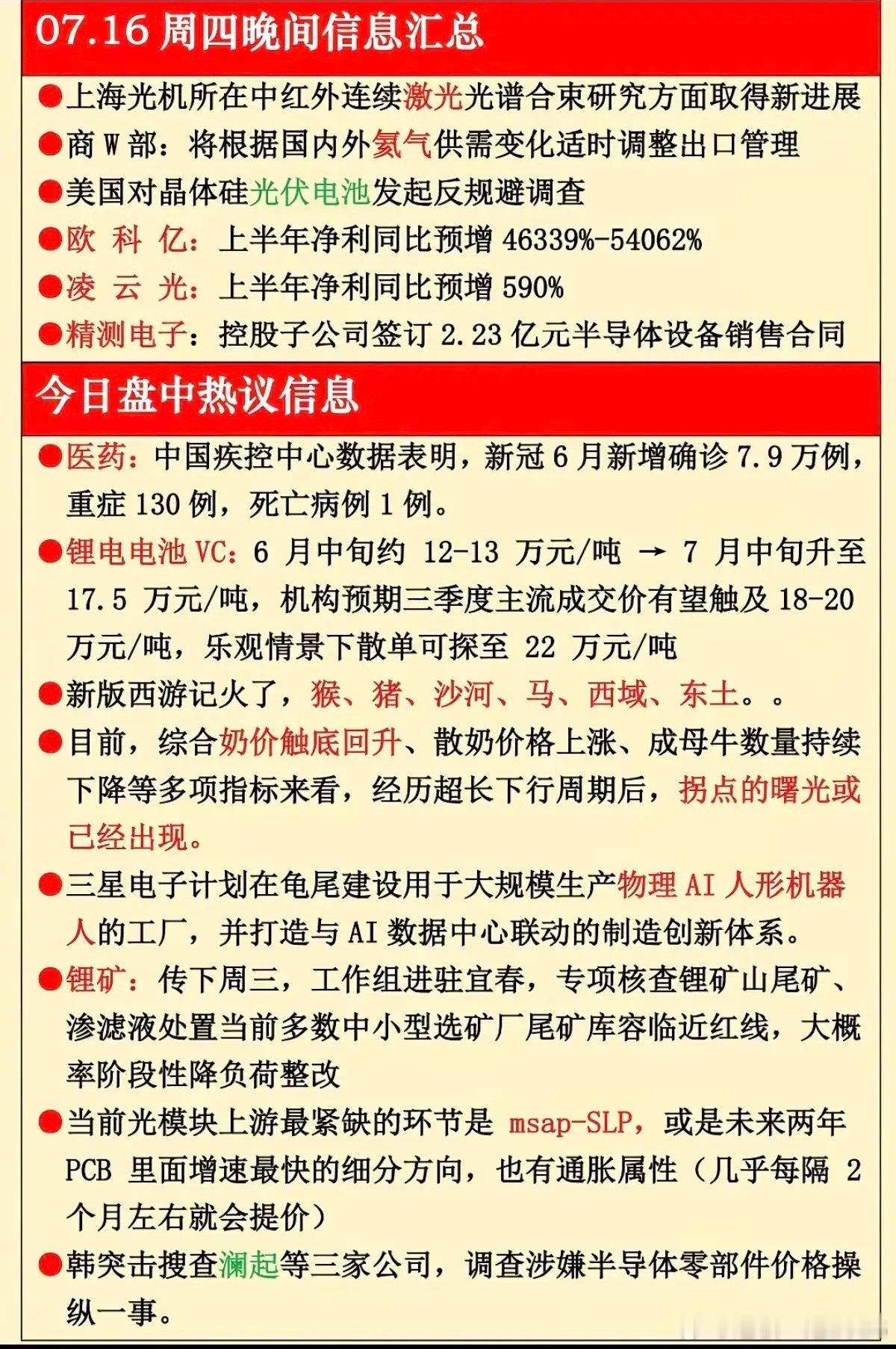 7.16晚间重磅资讯梳理，多条赛道迎来关键催化7月16日晚间产业、政策、盘面消息
