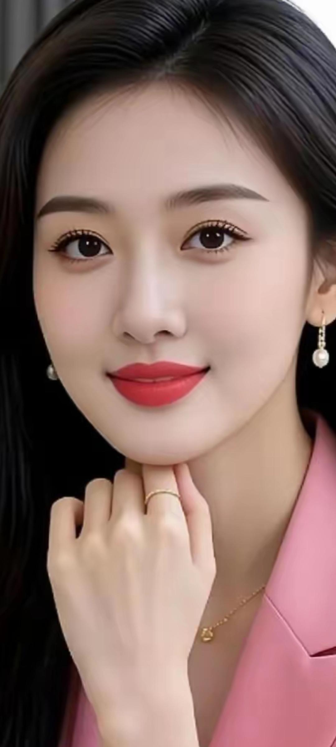 优雅粉裙，温柔微笑，珍珠耳环，闪耀迷人！