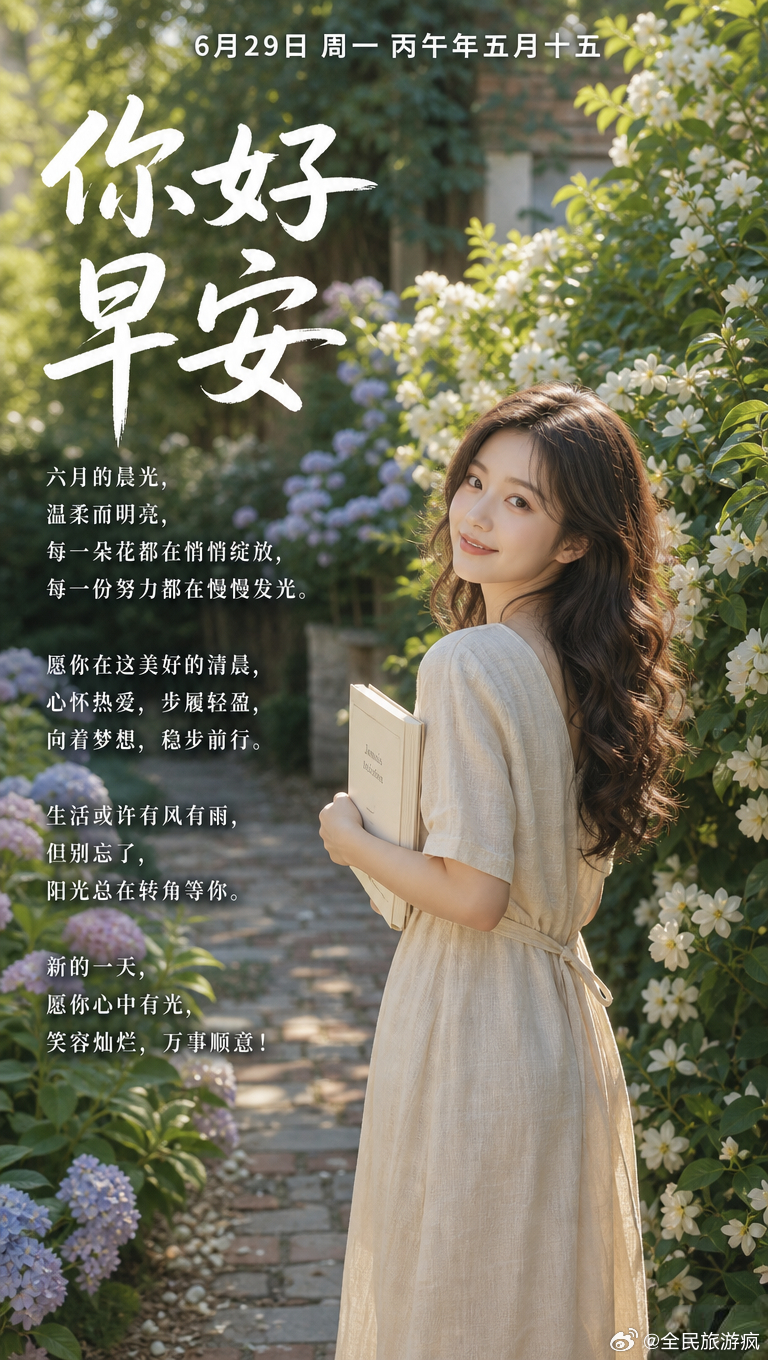 6月29日 周一 丙午年五月十五你好早安六月的晨光，温柔而明亮，每一朵花都在悄悄