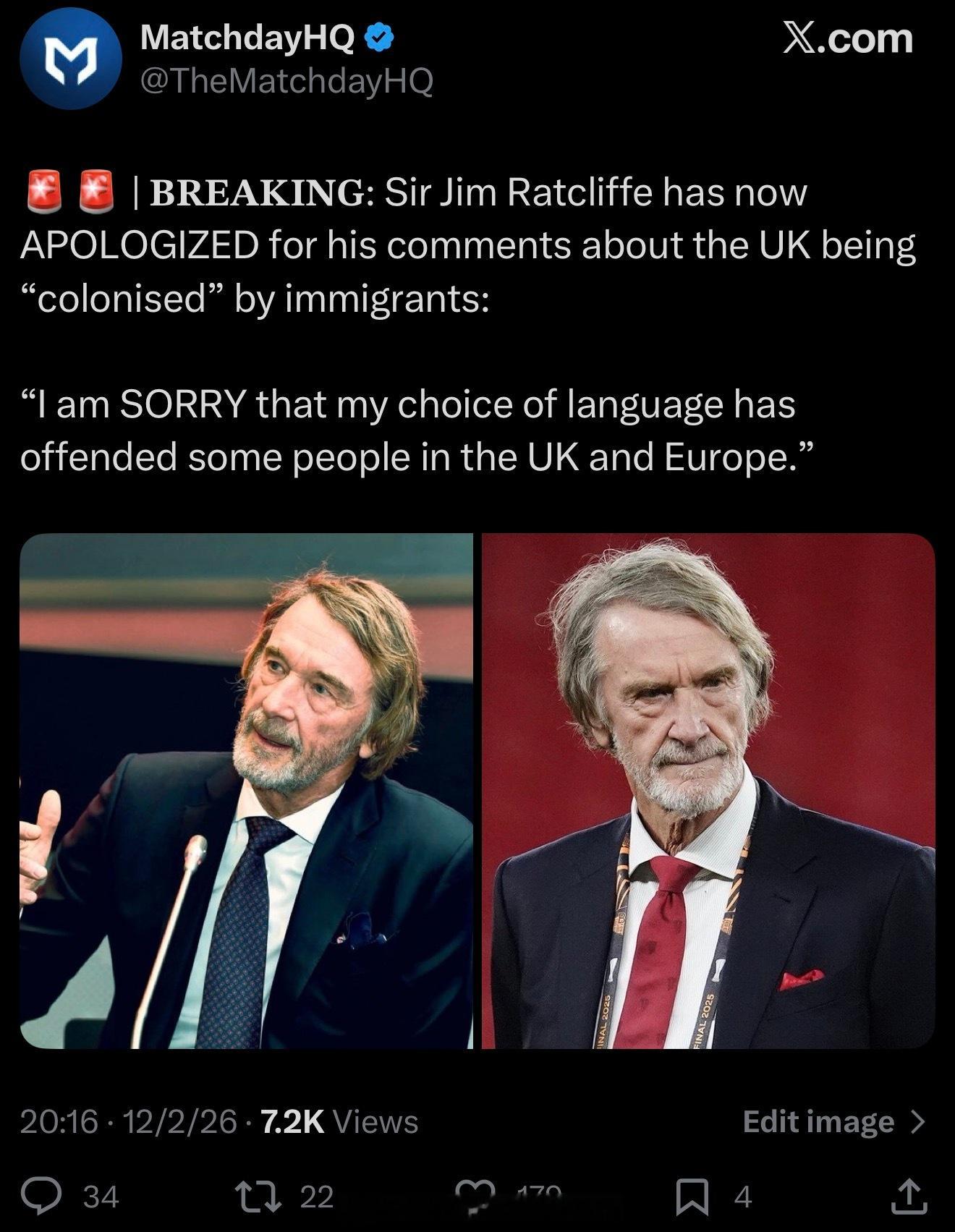 迅速滑跪拉特克里夫为自己关于“英国已被移民殖民”的言论道歉🙇 