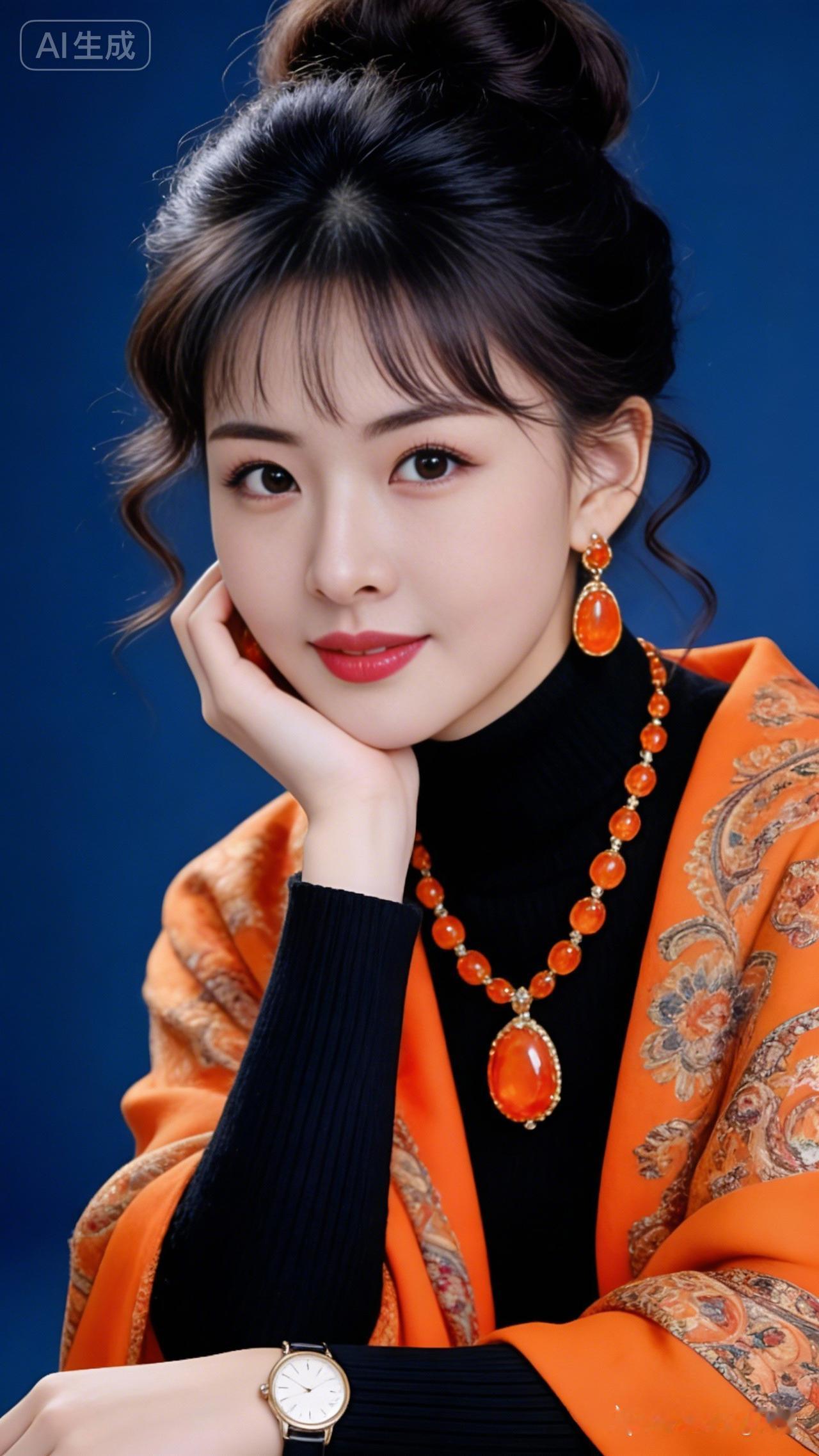 年轻美女大眼黑瞳双眼皮，高鼻梁樱桃小嘴。黑色高领毛衣搭配橙色花纹披肩，蓬松高盘发