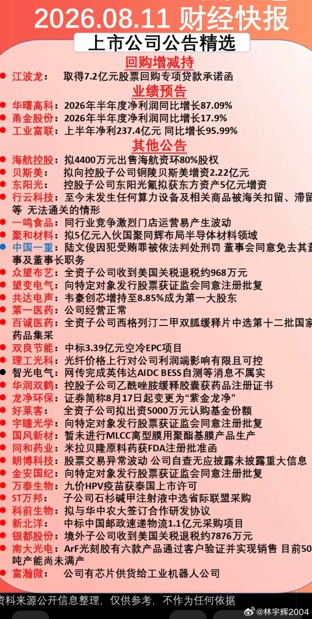 8.11周二  晚间财经信息+公告汇总！江波龙：专项贷款，回购工业富联：半年报业