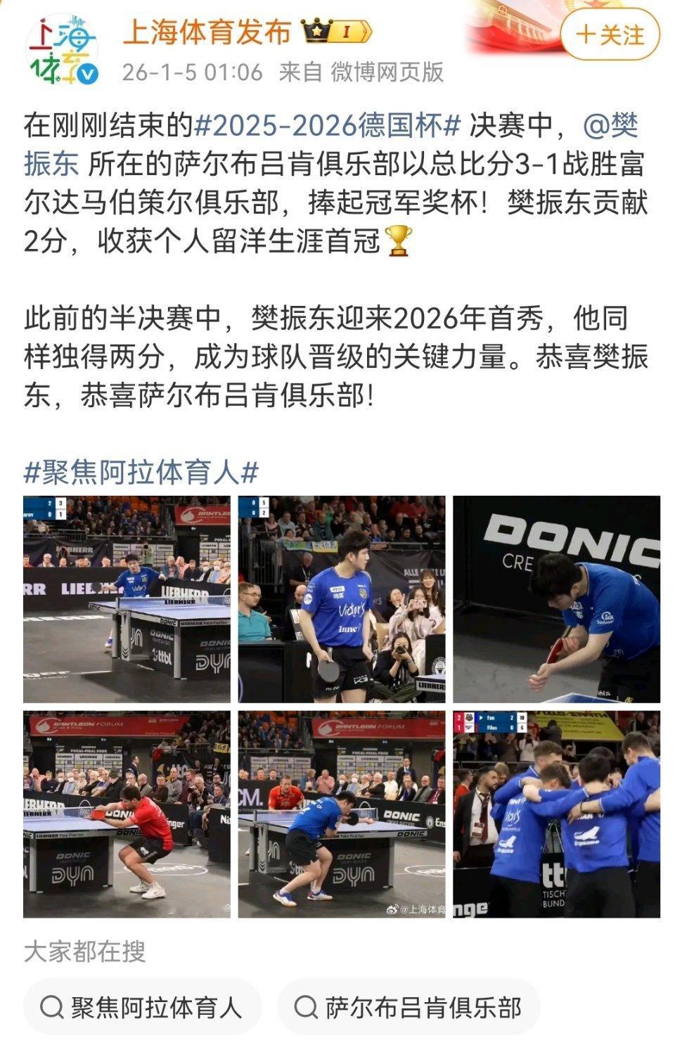 上海体育局官微发文祝贺樊振东在德国杯决赛中独得两分。樊振东因第十五届全运会（27