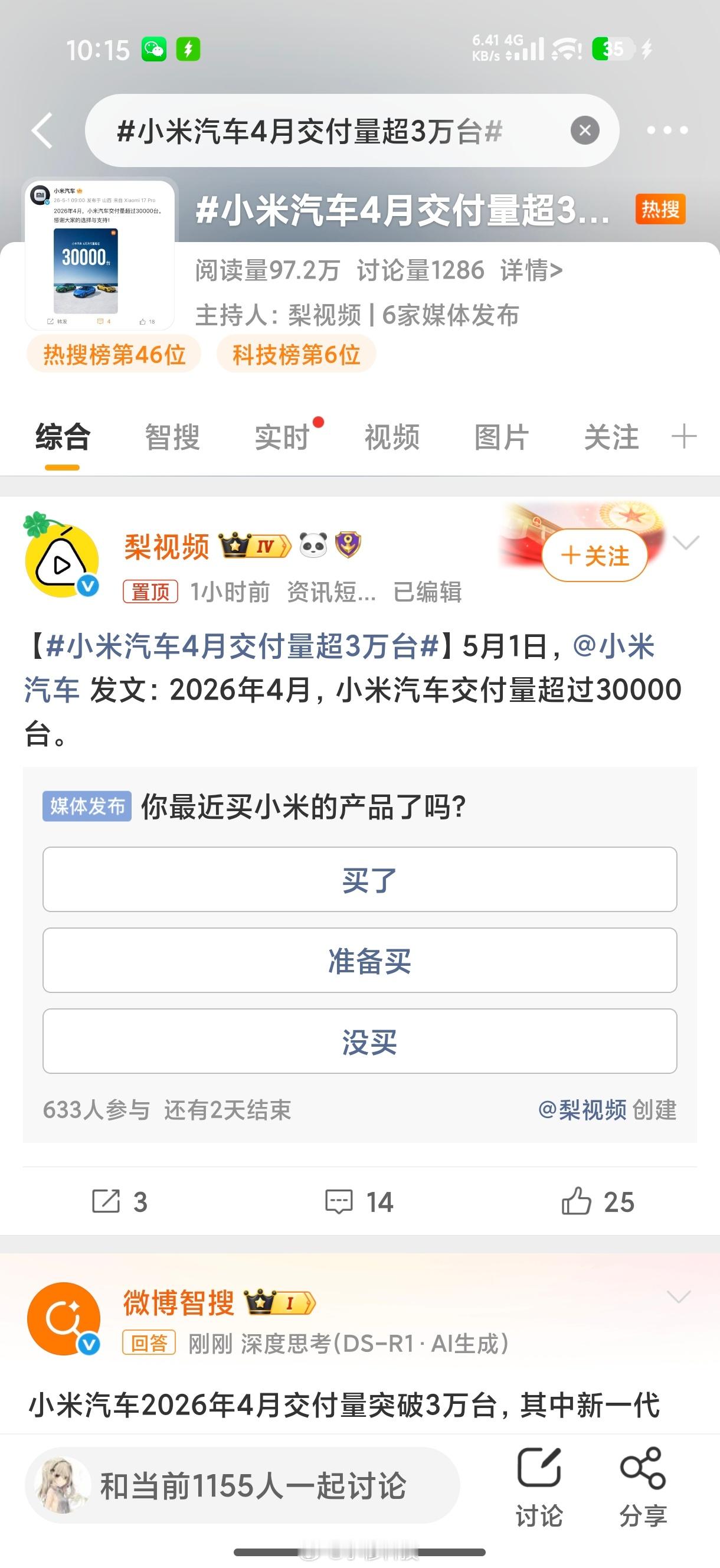 小米汽车4月交付量超3万台官方又投了一个热搜，看来内部是觉得四月销量不错，达成或