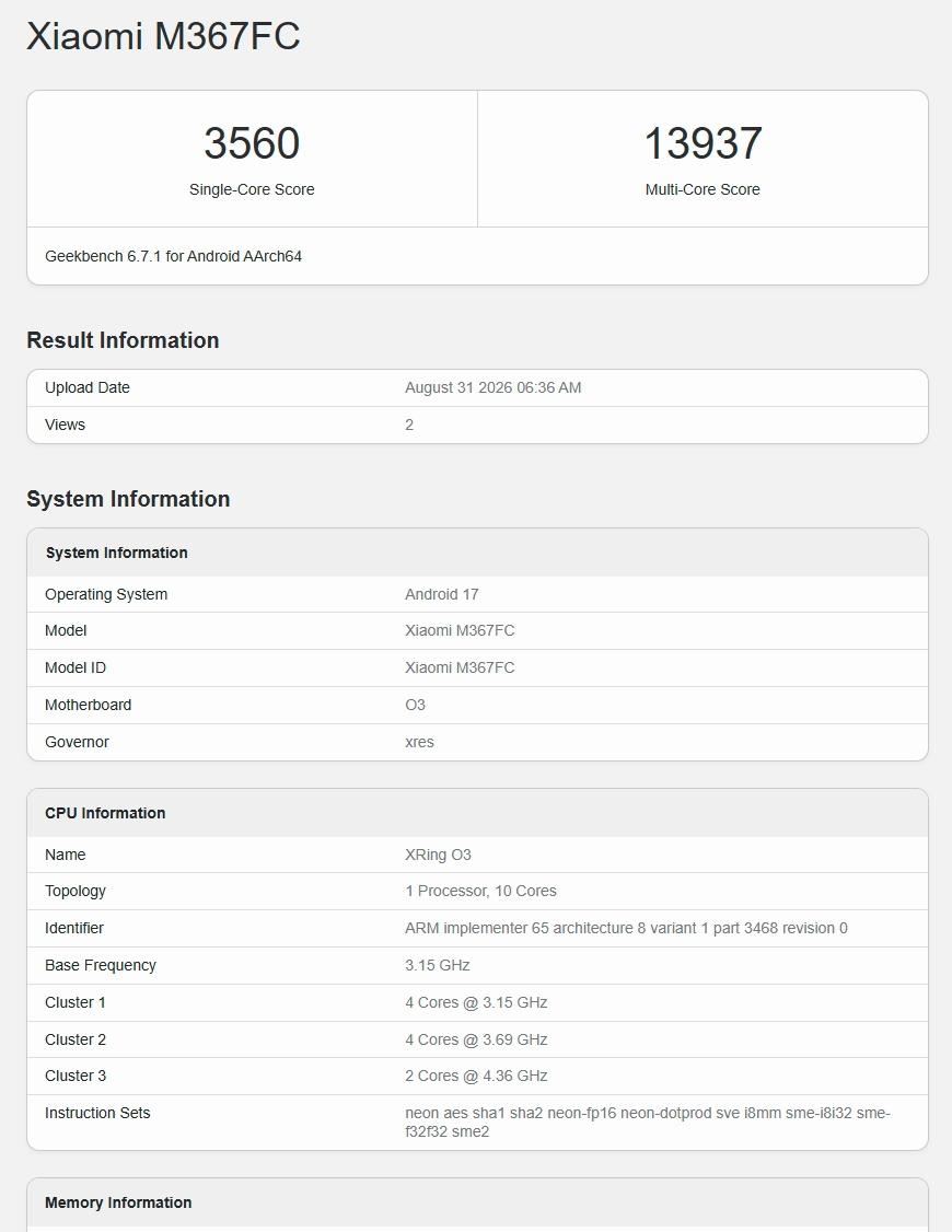 小米平板9 Pro Max在Geekbench 6泄露的测试中中取得单核3560