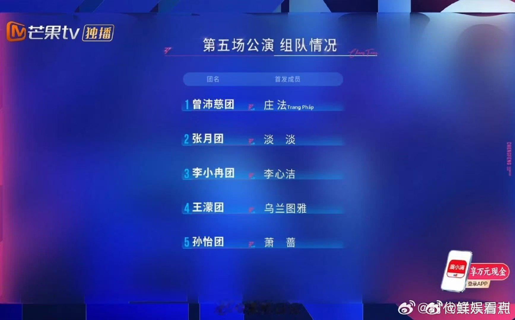 李小冉首发成员李心洁王濛首发成员乌兰图雅 歌声带动全场欢乐氛围，王濛幽默天赋尽显