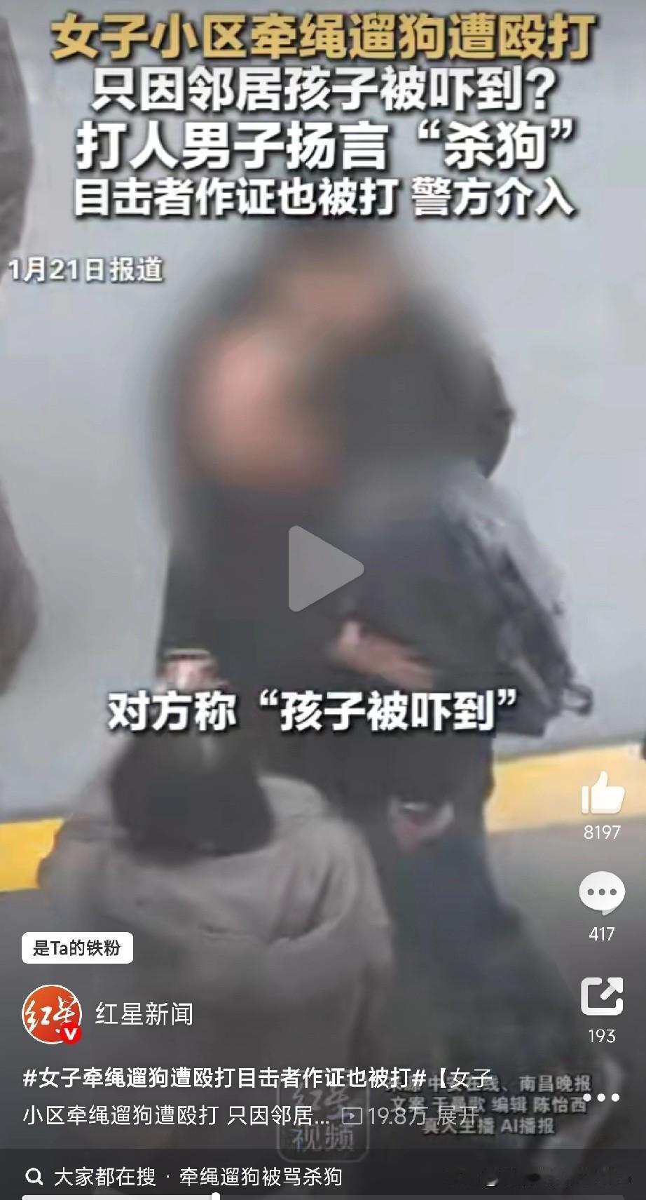 遛狗被打，作证也被打！
小区遛狗牵绳合规，竟遭邻居扬言“杀狗”？

现在小区里遛