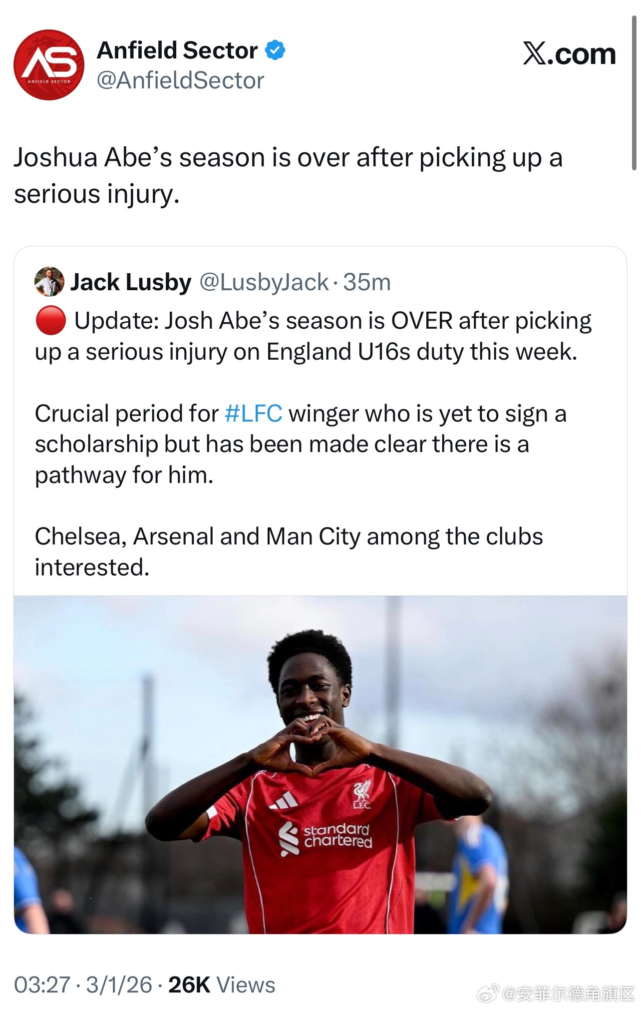 赢球很开心，但是最近续约问题炒的很火热的我军青年队球员Abe本周在英格兰U16受