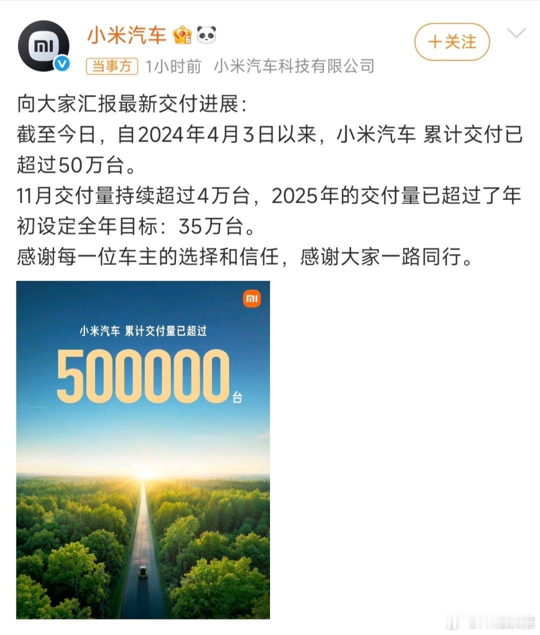 小米汽车交付量已超全年目标20个月交付50万辆车，全球最快达成车企！小米汽车牛！