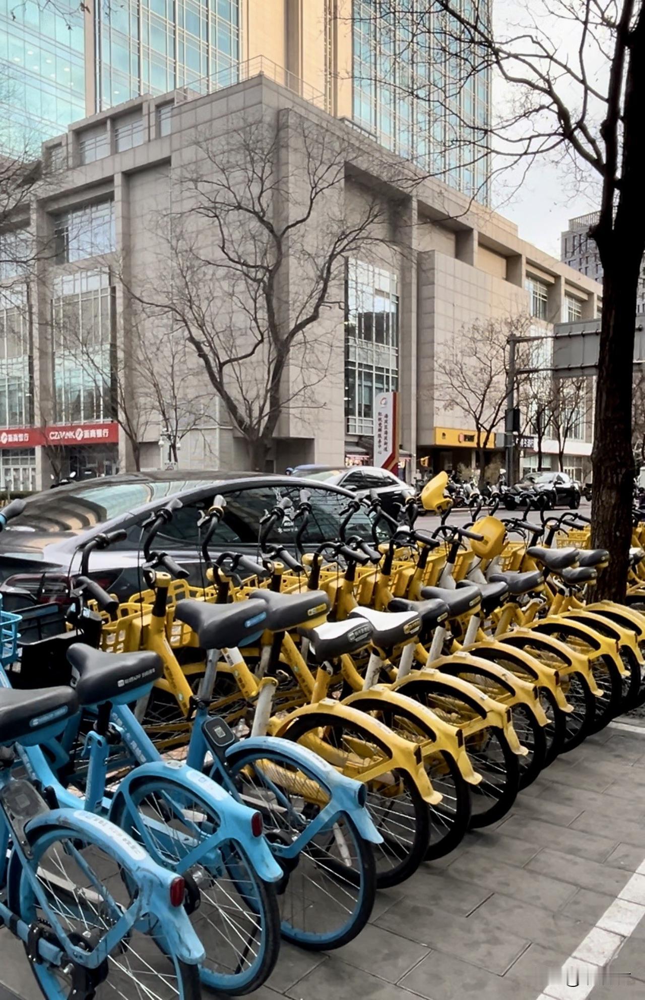 今天想给大家分享我的随手拍，北京的共享单车，在街道上摆放的整整齐齐。