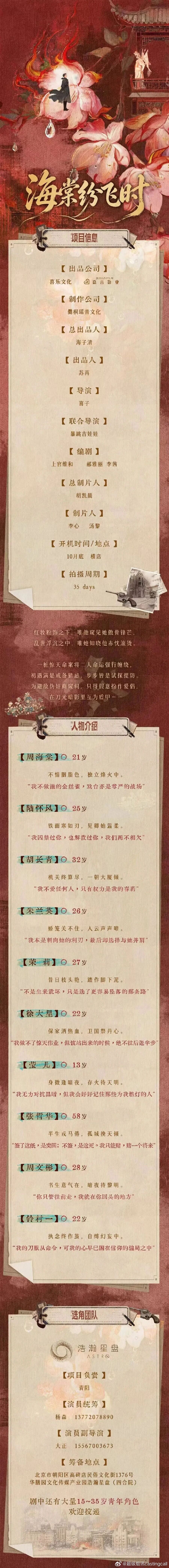 剧组组讯超级组讯 网剧《海棠纷飞时》出品公司：喜乐文化、嘉言影业导演：喜子编剧：