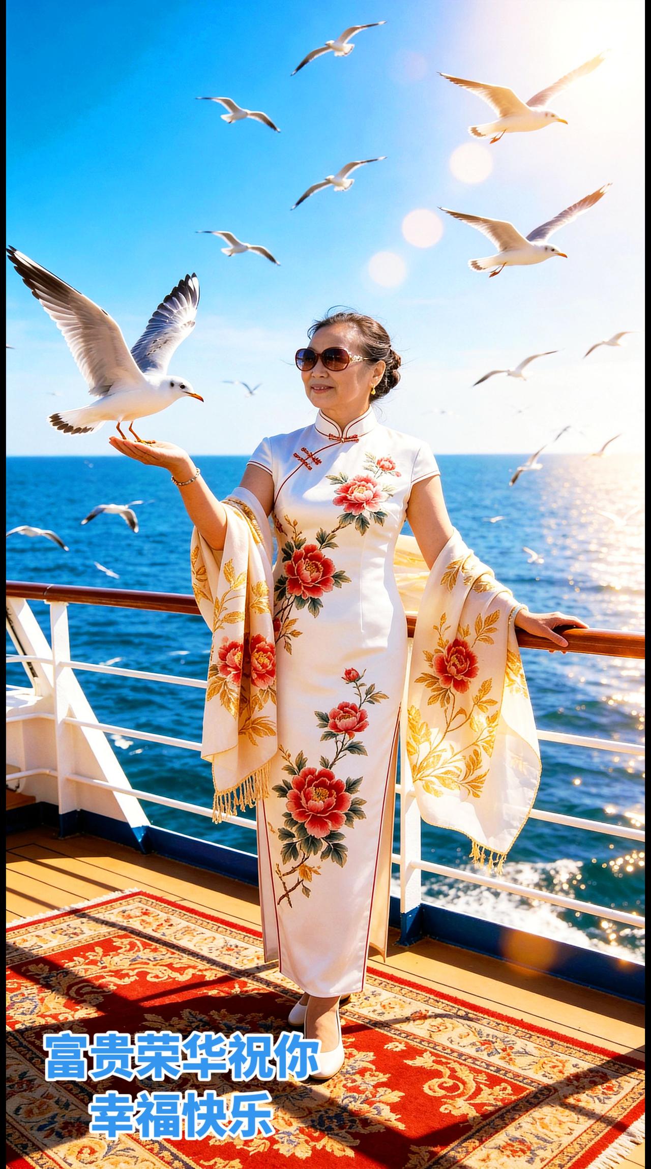 海鸥掠过天际，海风轻拂衣角，邮轮上的旗袍写真如诗般展开。蔚蓝的海水与洁白的海鸥交