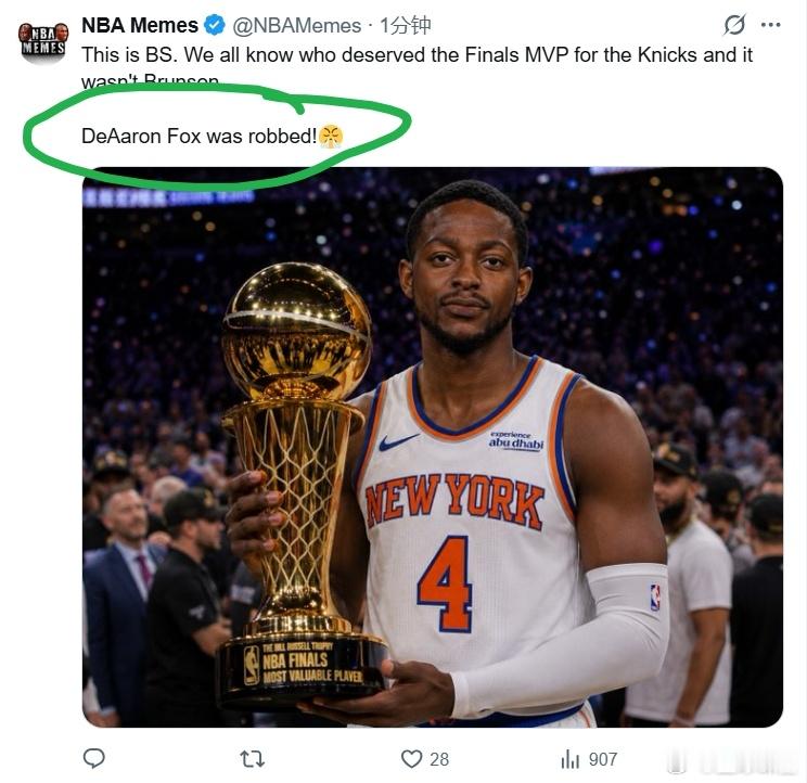 美媒晒恶搞：布伦森不是FMVP！福克斯被抢劫了！福克斯一拉到底布伦森FMVP尼克