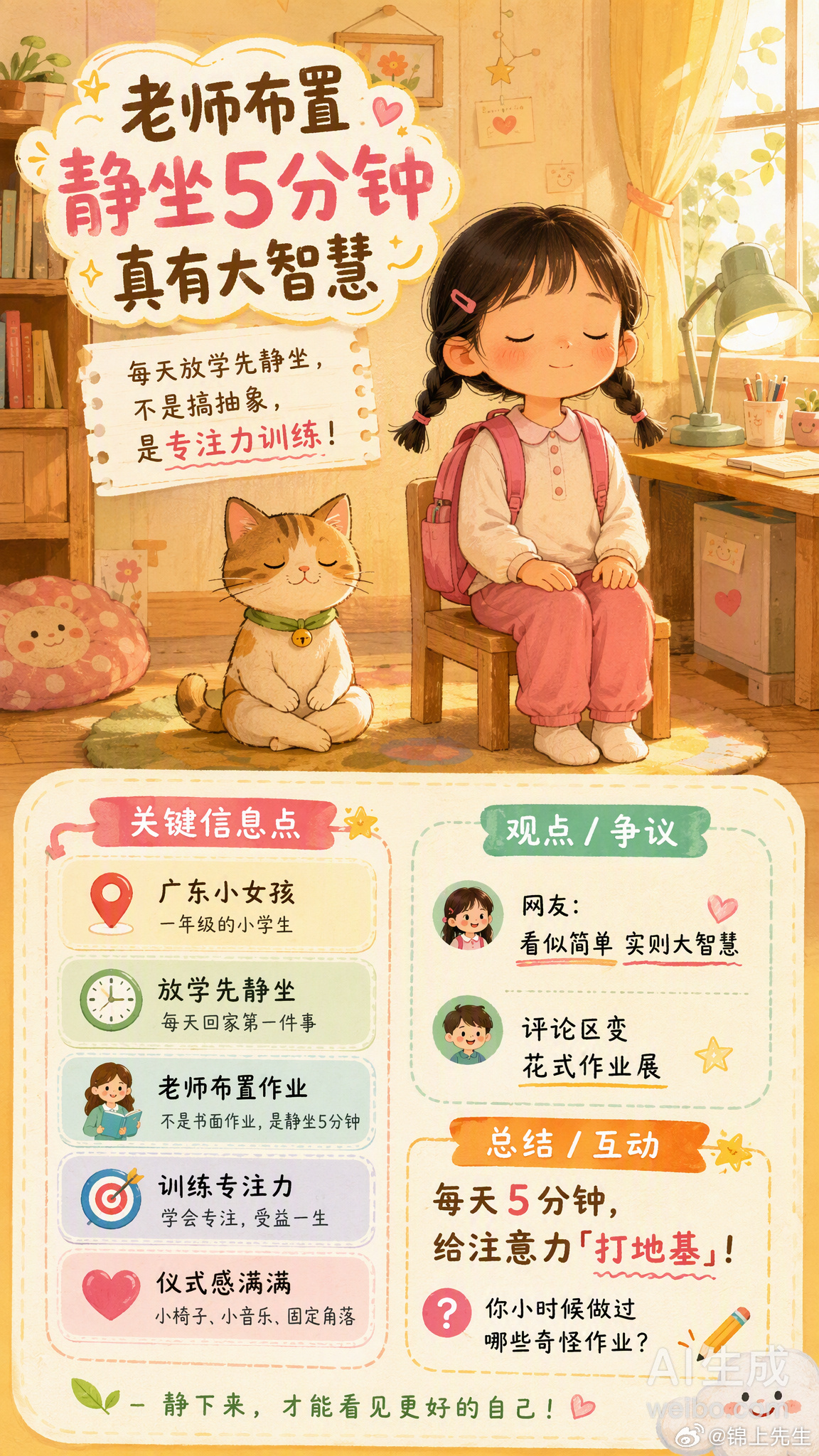 老师布置静坐五分钟真有大智慧 广东一小女孩每天放学回家，书包都没放就先静坐5分钟