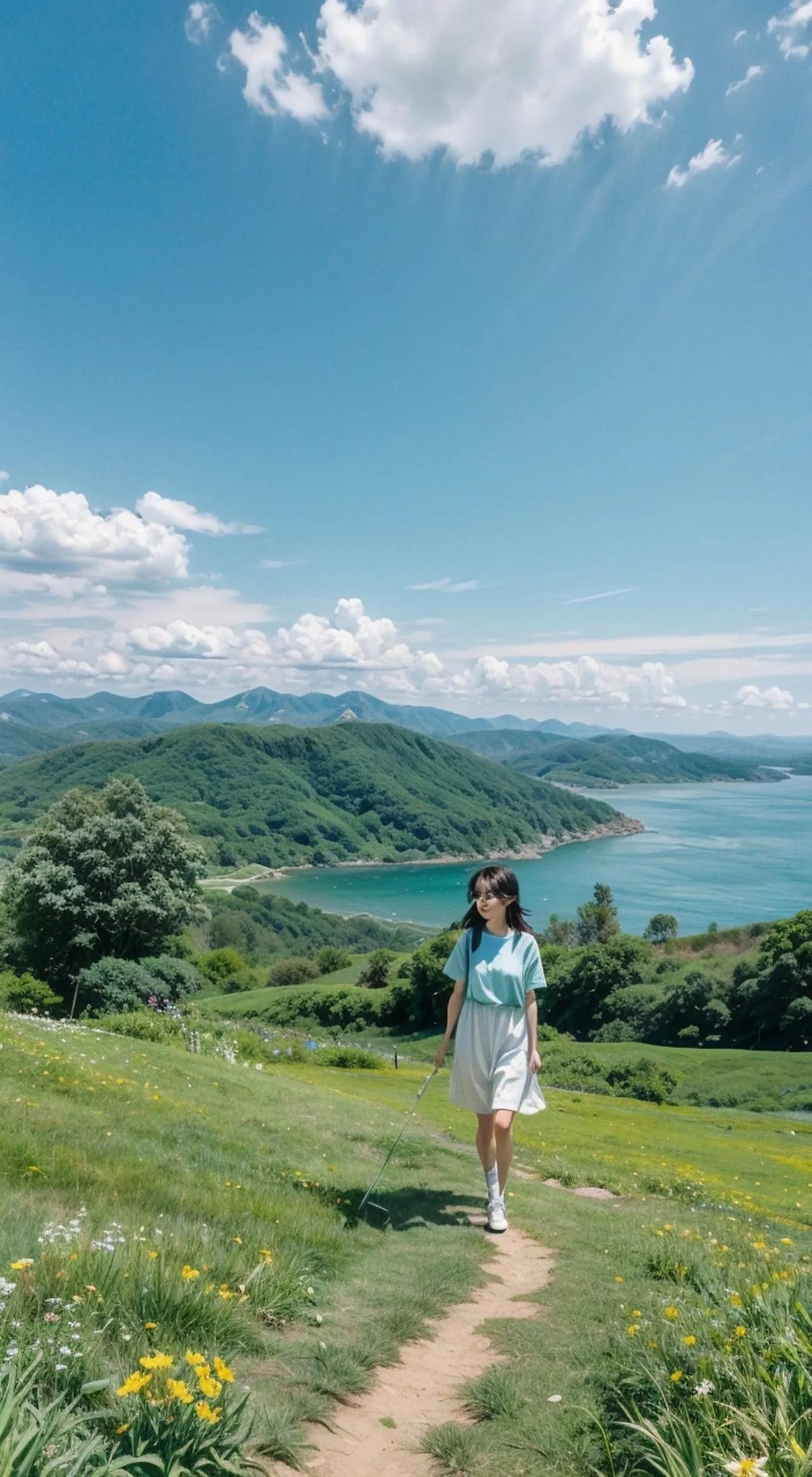 蓝天白云，阳光明媚，远处青山绿水，中央鲜花草地，，近处有一个姑娘在漫步