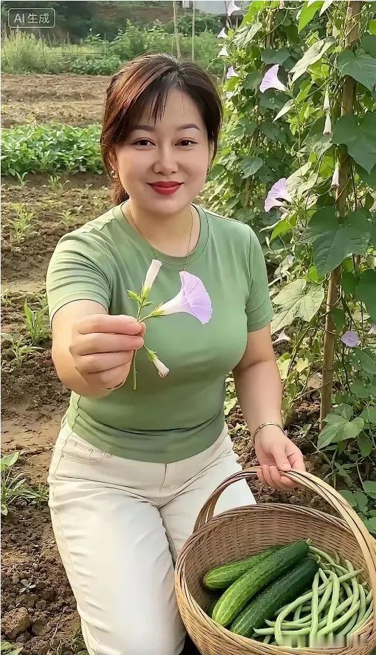 如梦令·园撷
 
篱畔菜畦风软，手把牵牛花绽。
竹篮盛鲜蔬，笑看田园清浅。
闲伴