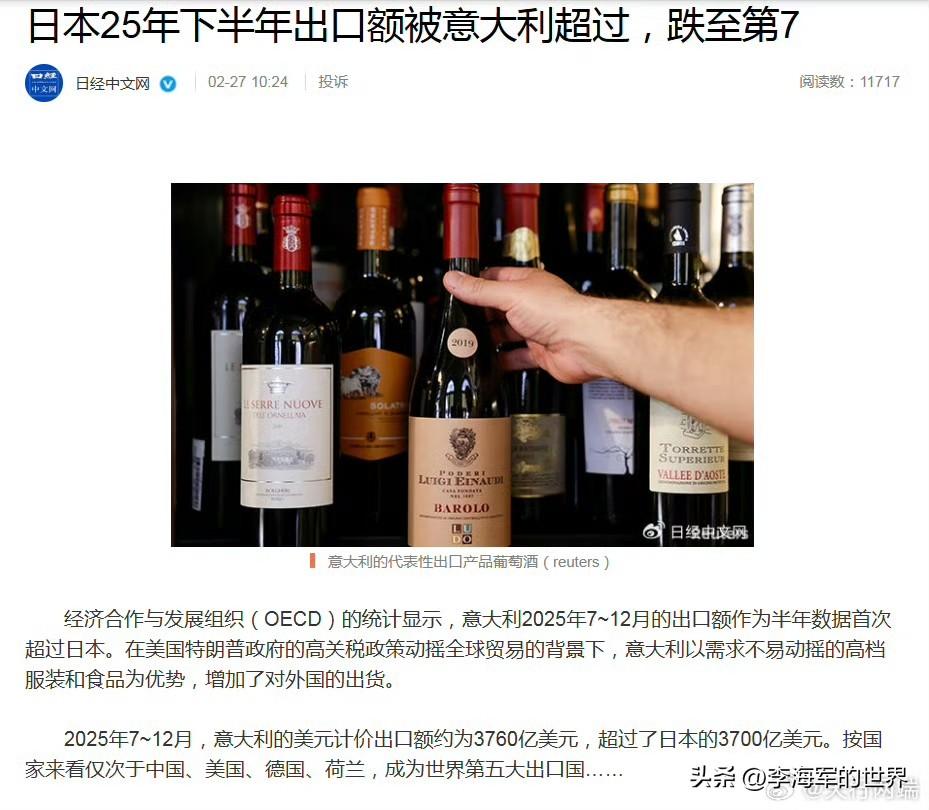 这下不嚣张了吧？去年下半年，日本出口额首次被意大利超越！跌到第7位。

2025