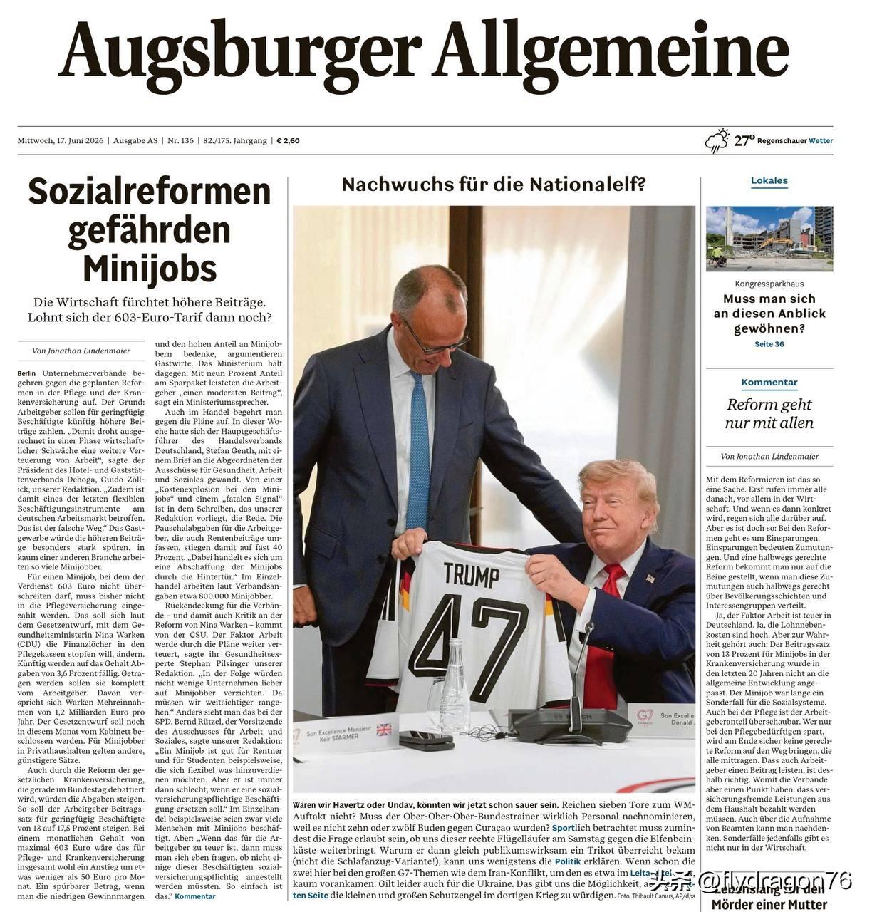 🇩🇪昨天，德国各大报纸的头版都刊登了特朗普获赠德国国家队球衣的照片。然而，舆