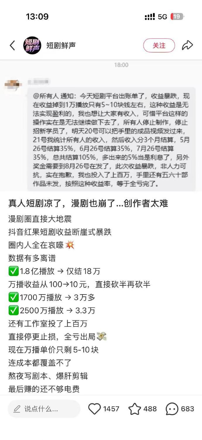 短剧收益暴跌 短剧完了短剧收益暴跌了 