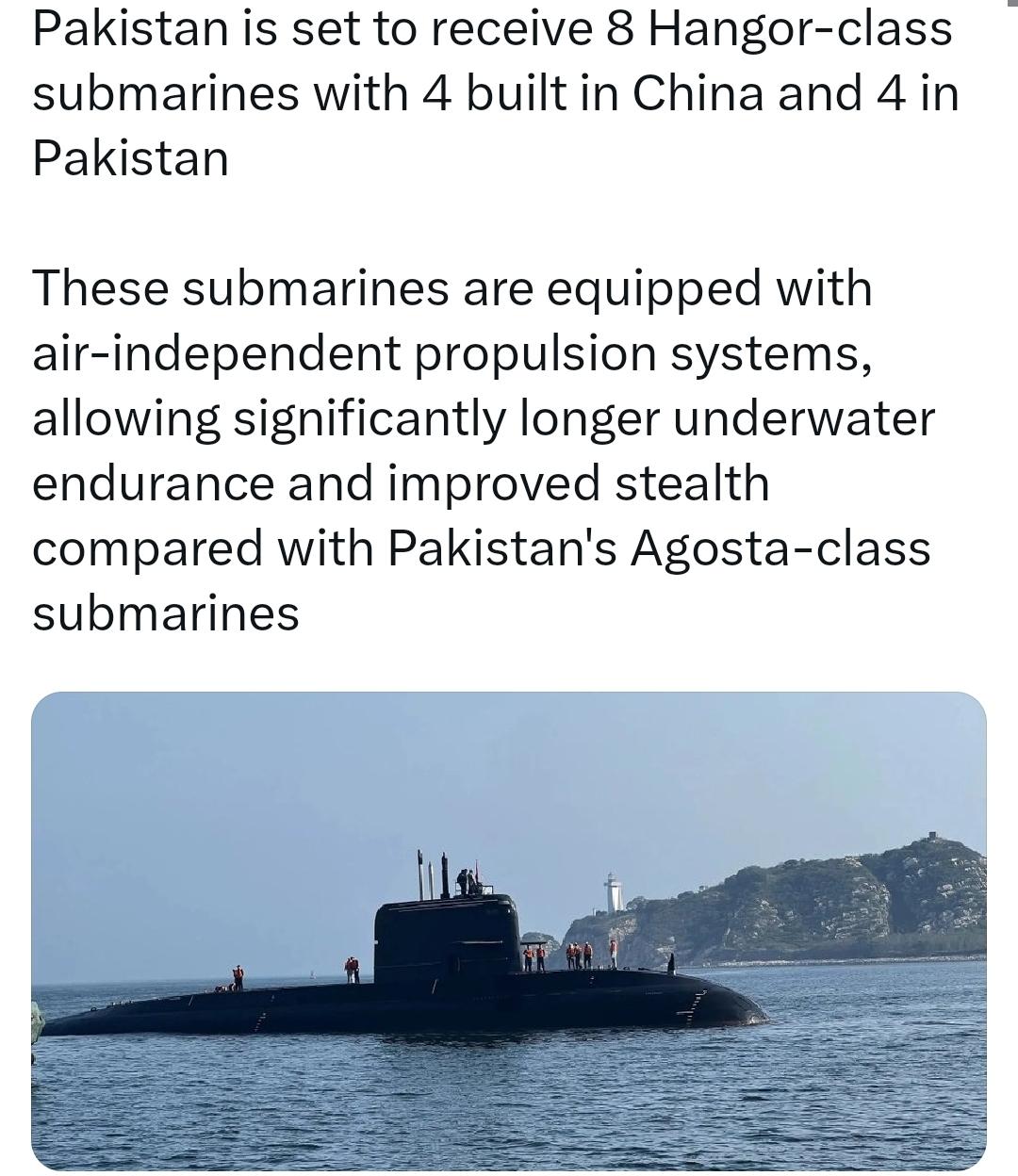 巴基斯坦将接收 8 艘“汉戈尔”级潜艇，这些潜艇配备了独立空气动力推进系统，这使