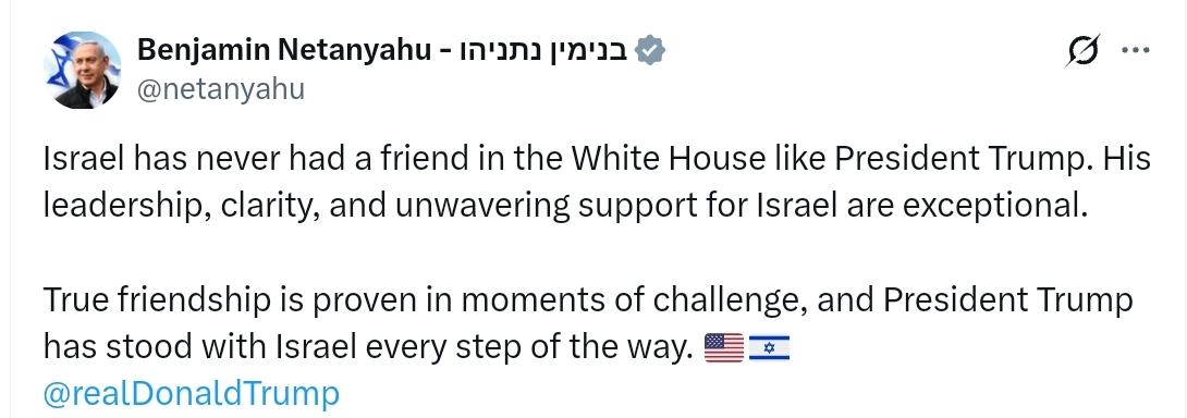 内塔尼亚胡：以色列在白宫从未有过像特朗普总统这样的朋友。他的领导力、清晰的思路以