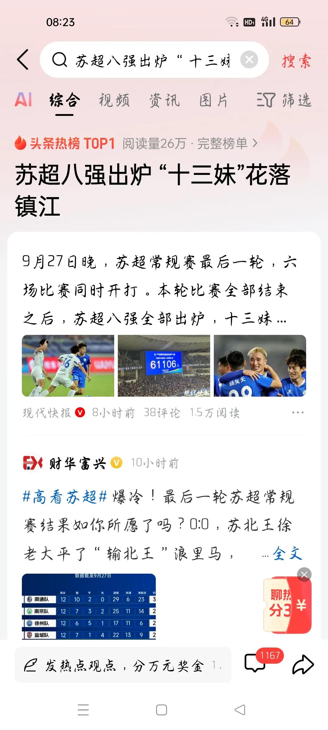 苏超八强出炉，“十三妹＂花落镇江，我想说
据现代快报报道，9月27日晚，苏超最后
