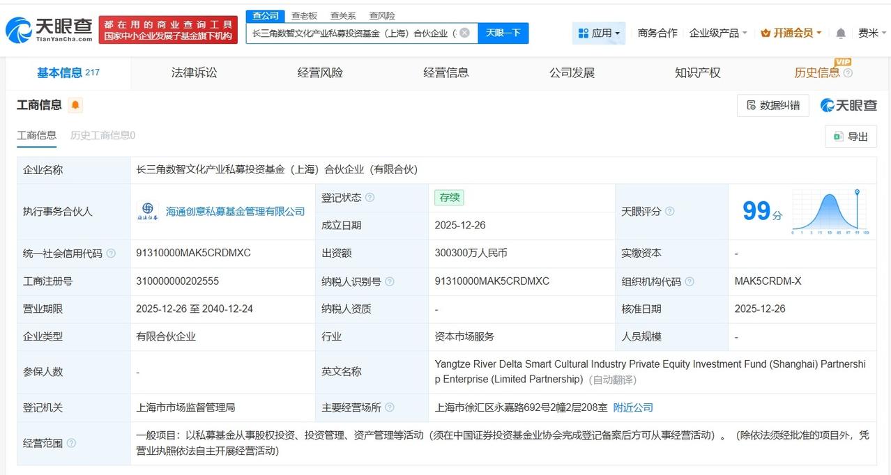 长三角数智文化产业私募投资基金登记成立出资额30.03亿
天眼查App显示，近日